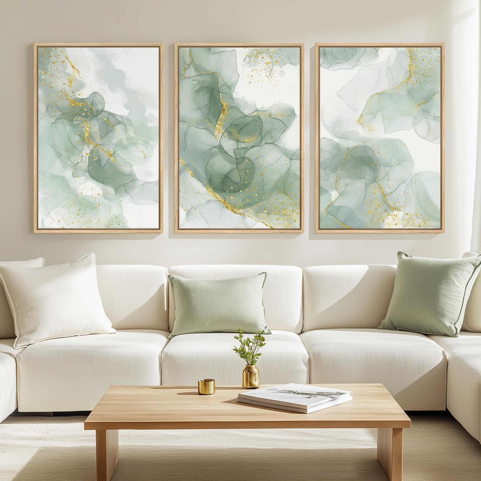 Large Framed Sage Green Abstract Wall Art For Living Room, 3 Piece Green And Gold Canvas Prints Paintings Artwork For Walls, Mod