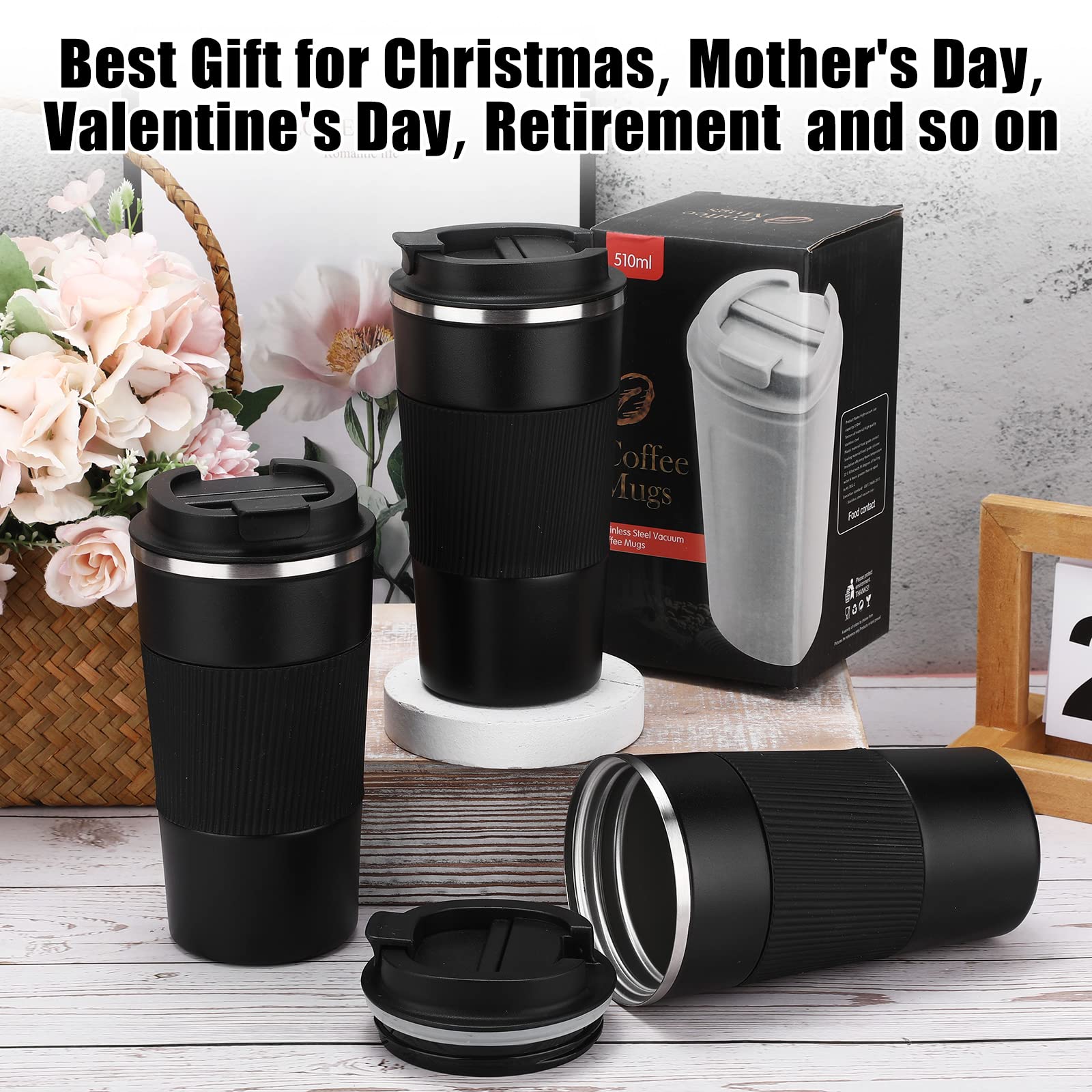 Sabary 4 Pack 16 Oz Stainless Steel Travel Tumbler Bulk Vacuum Insulated Coffee Mug Black Double Wall Thermal Coffee Cup With Li