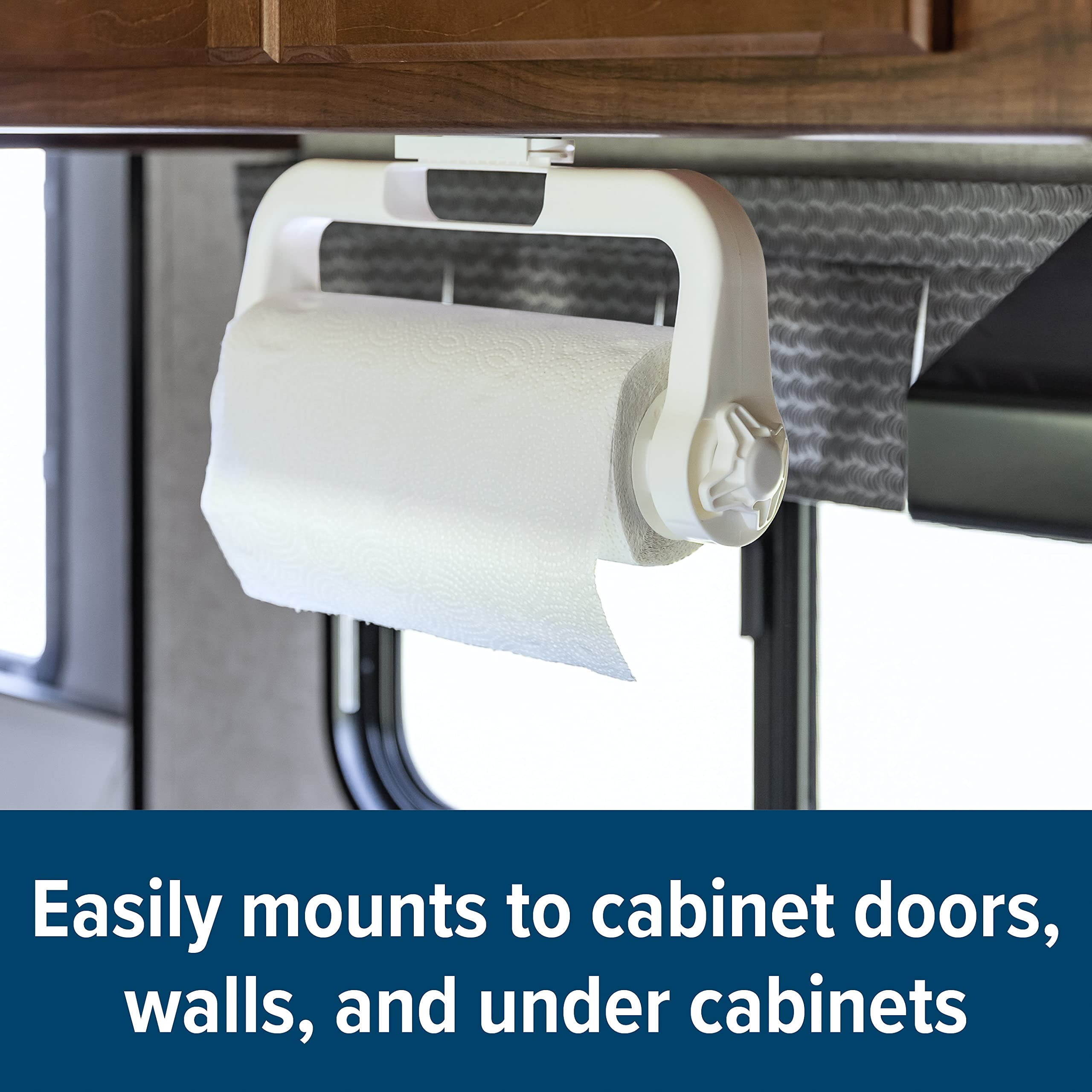 Camco Paper Towel Holder | Ideal For Compact Areas | Features Mountable Design And Adjustable Side Knob | White (57114)