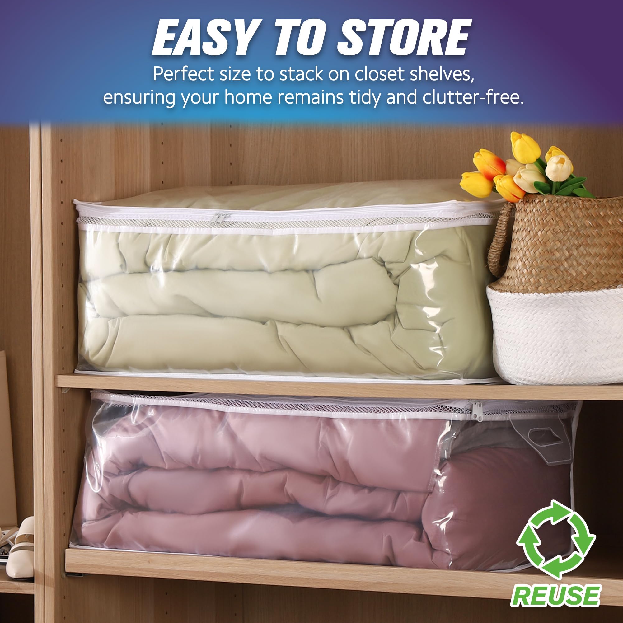 Hibag 20 Gallon Large Storage Bag For Clothes, Zipper Clothing Storage Bag, Clear Organizer With Reinforced Handles, For Comfort