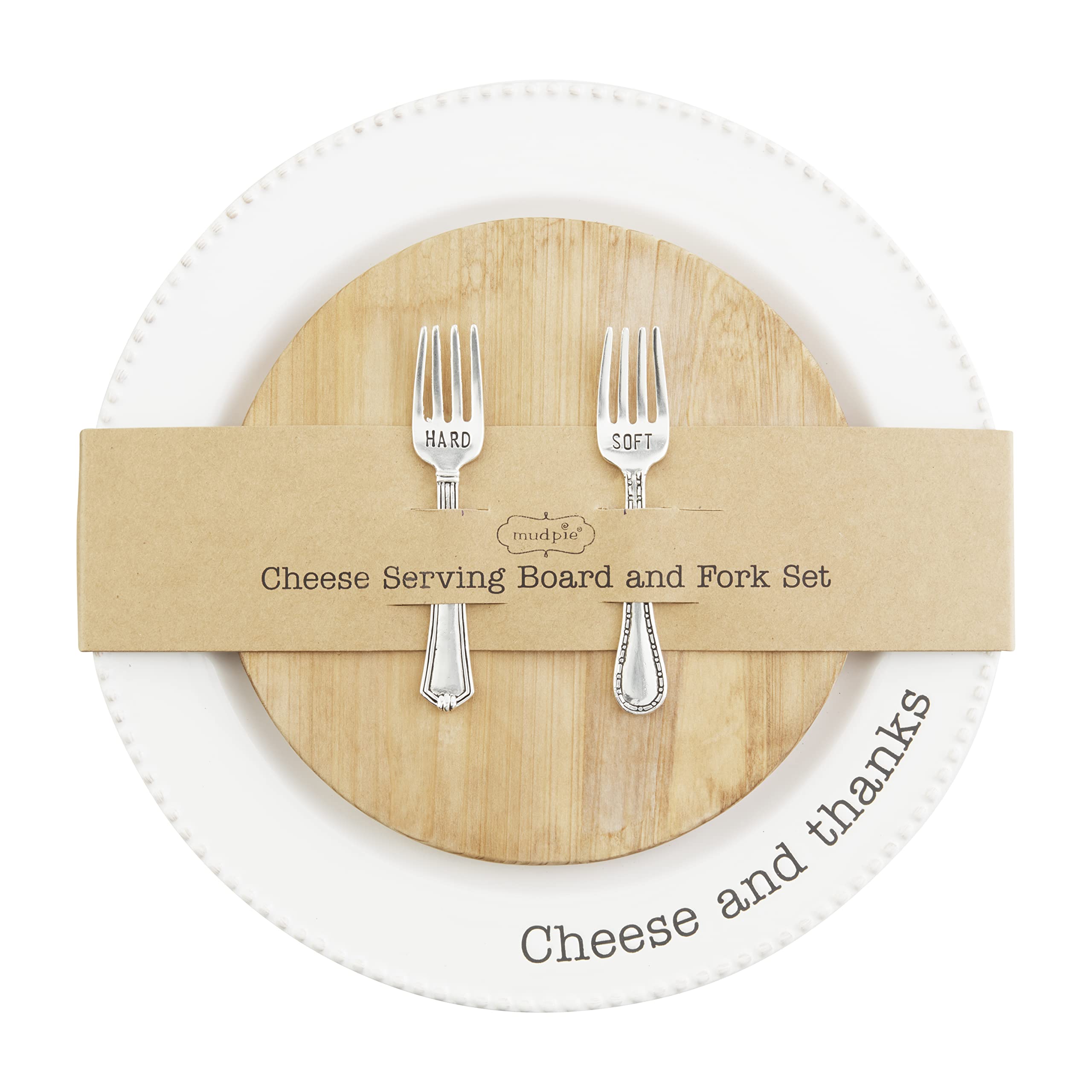 Mud Pie 85 Circa Cheese Set, White, 10.5'' 6.5'' 4.25'', Plate 10 1/2'' Dia | Board 6 1/2'' Dia | Fork 4 1/4''