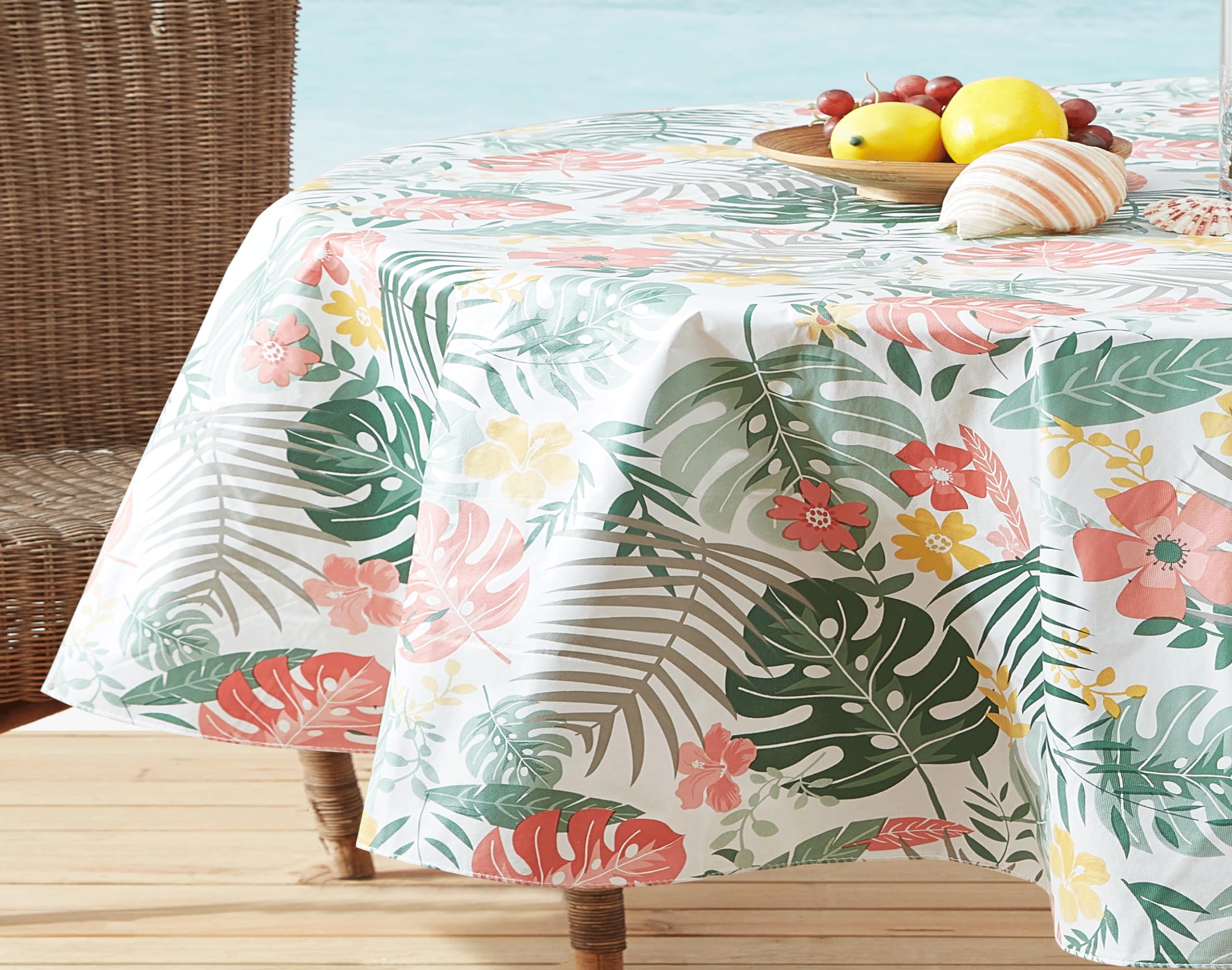 Newbridge Oval Flannel Back Vinyl Tablecloth, 60 X 84 Inch, Palm Springs Tropical, Indoor/Outdoor Waterproof Vinyl Table Cloth,