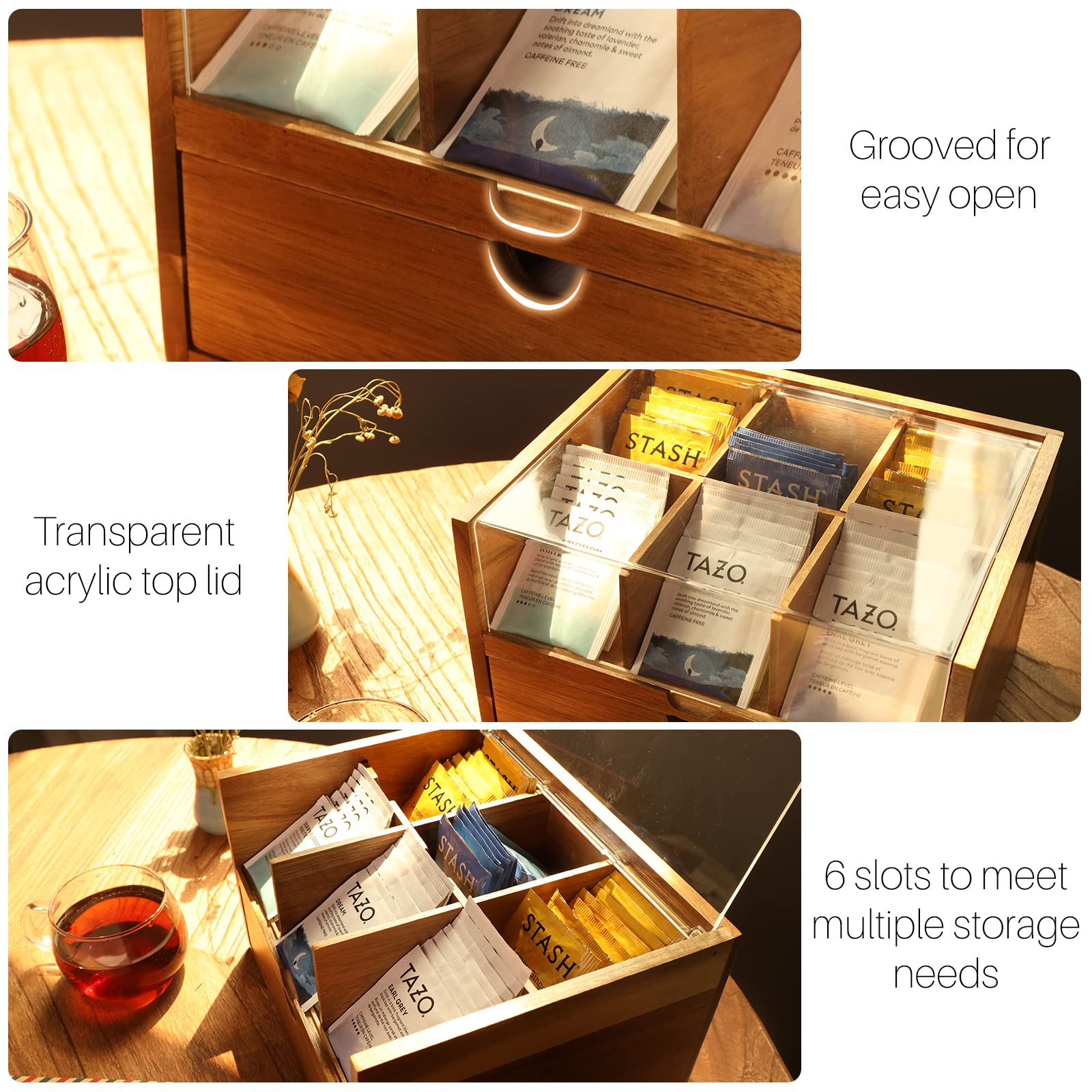 Large Tea Organizer 2 Tier With Drawer By Htb, Tea Bag Organizer With Acrylic Transparent Hinged Lid, 9 Compartments Wooden Tea