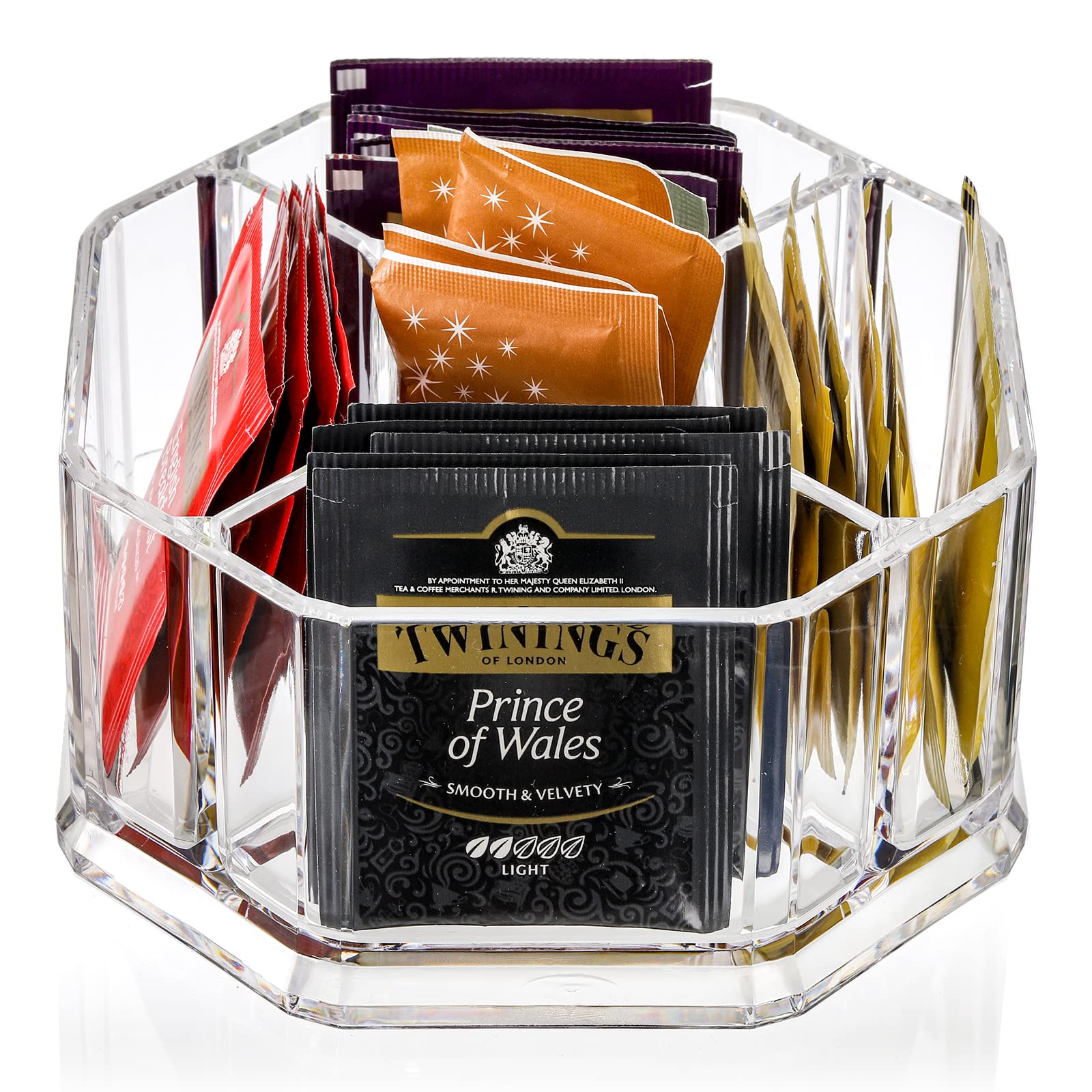 Hiceeden Acrylic Tea Bag Organizer, 5 Compartment Sugar Packets Holder Divided Coffee Condiment Storage Caddy Box For Kitchen Ca