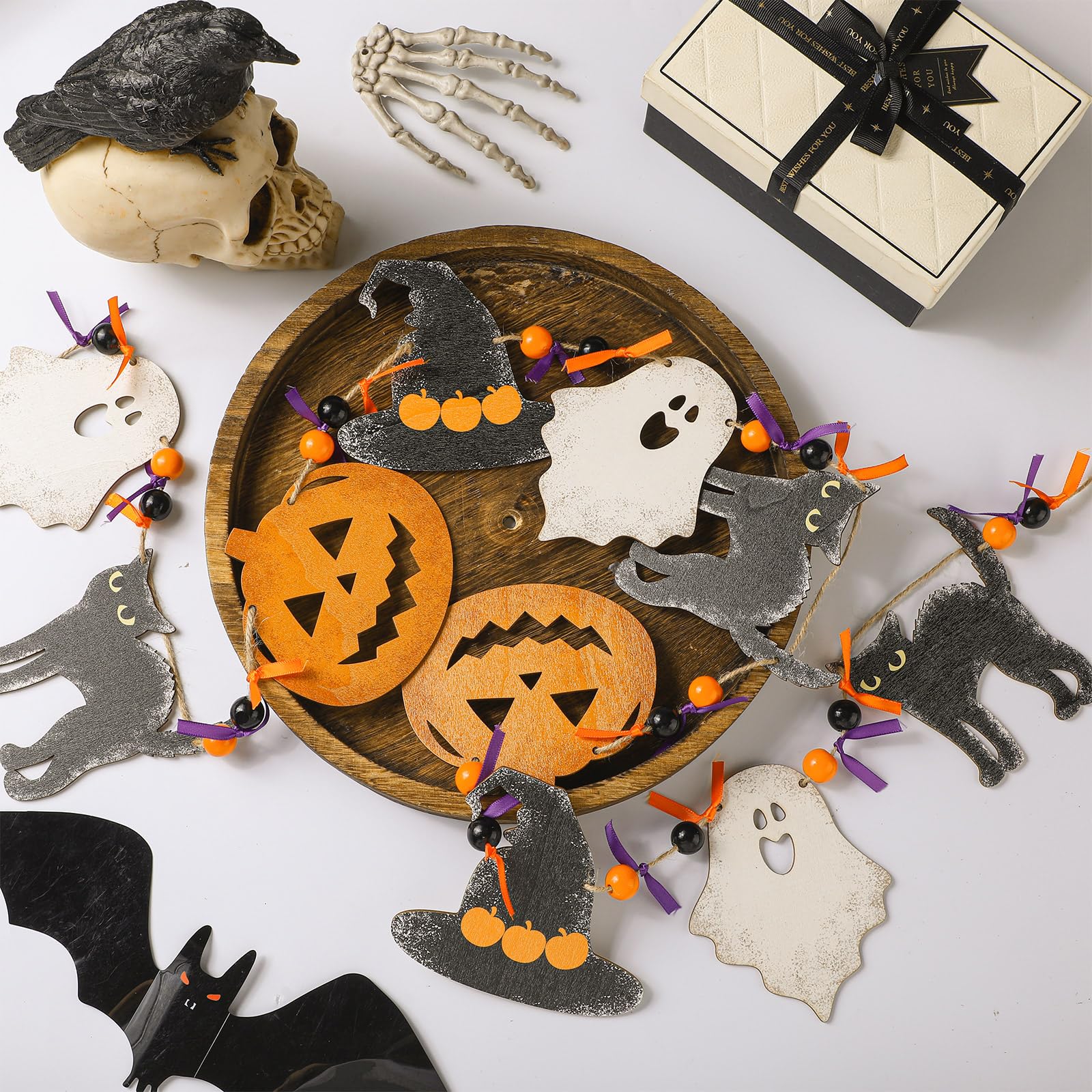 Cinnvoice 8.2 ft Halloween Black Cat Ghost Witch Hat Pumpkin Garland Wooden Beads Garland Rustic Farmhouse Country Decor Wood Ba