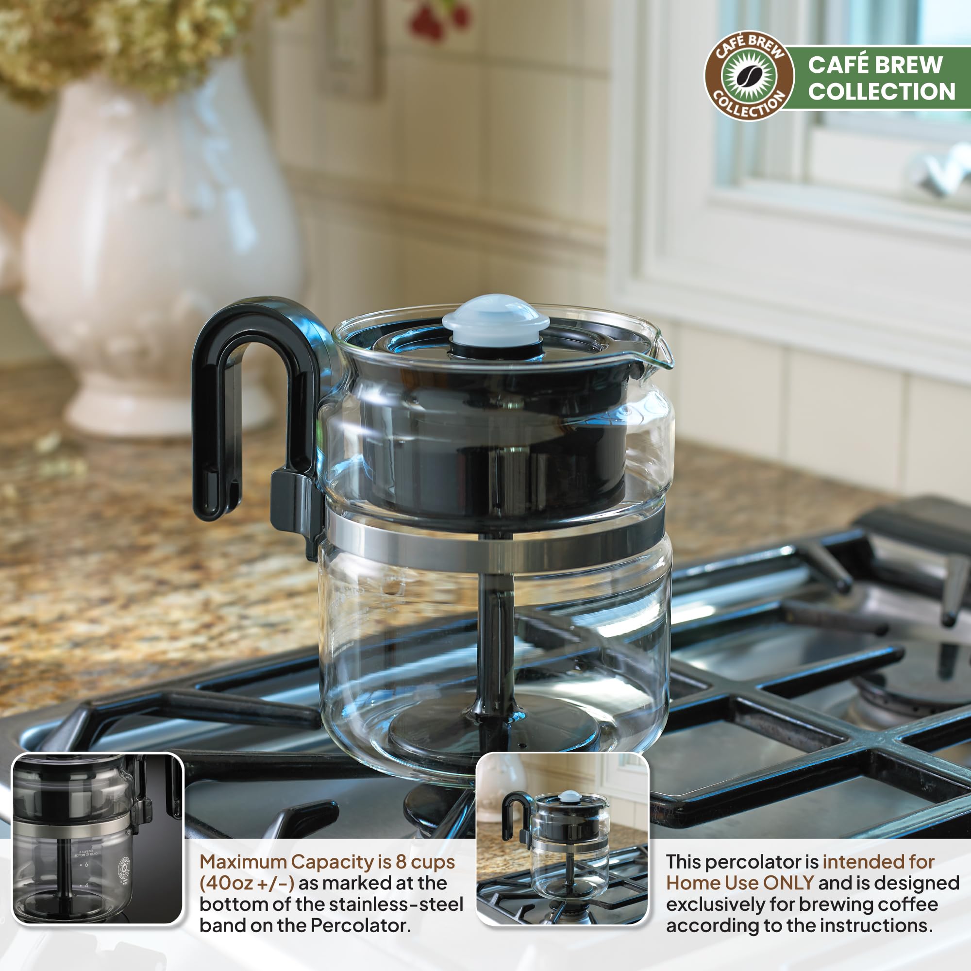 Caf   Brew Collection 8-Cup Glass Stovetop Percolator Coffee Pot - Borosilicate Glass Coffee Percolator - Bpa Free - Dishwasher