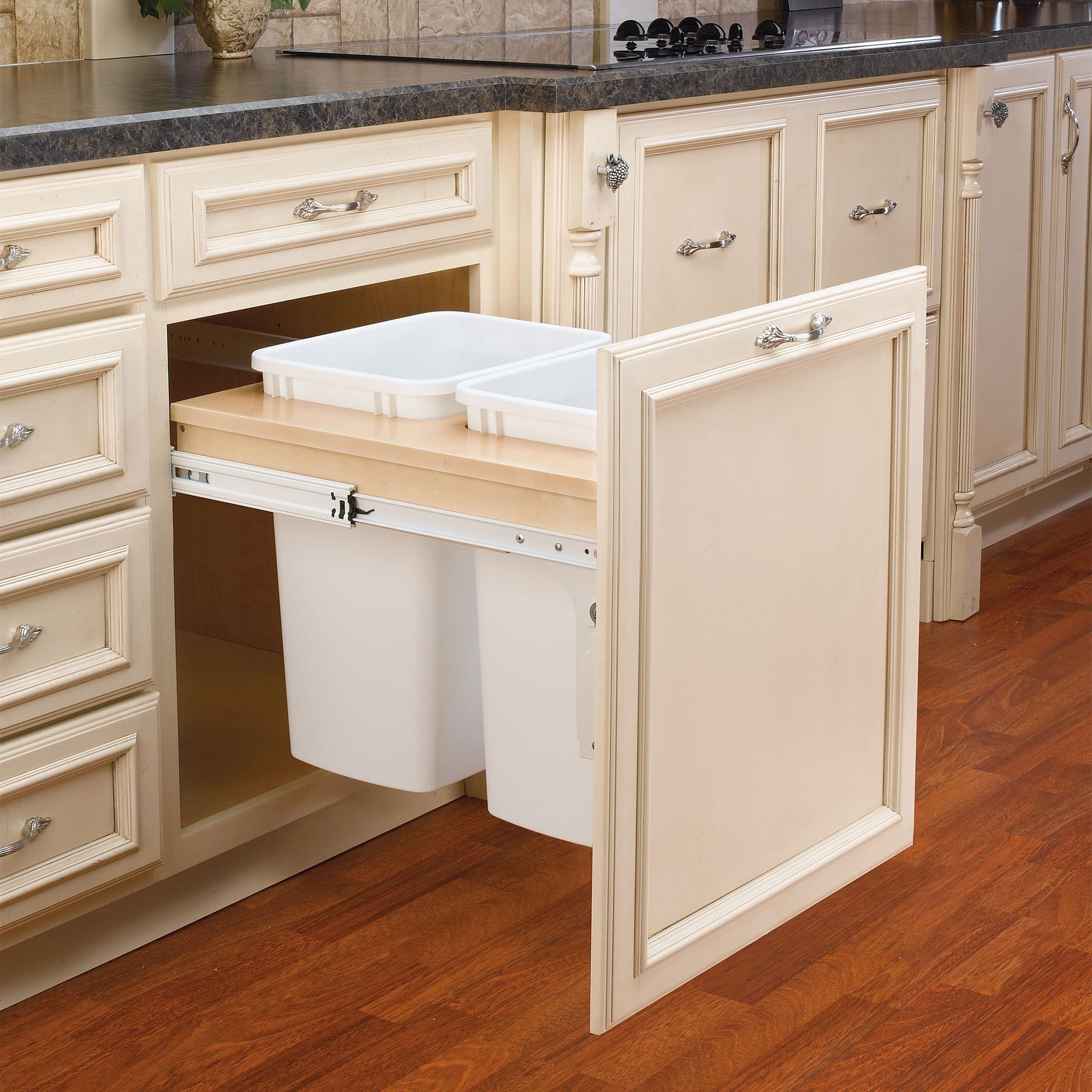 Rev-A-Shelf Double Pullout Trash Can For Base Kitchen/Bathroom Cabinets, 35 Qt Wood Top Mount Garbage Bin, 21 X 1.5 Face-Fra