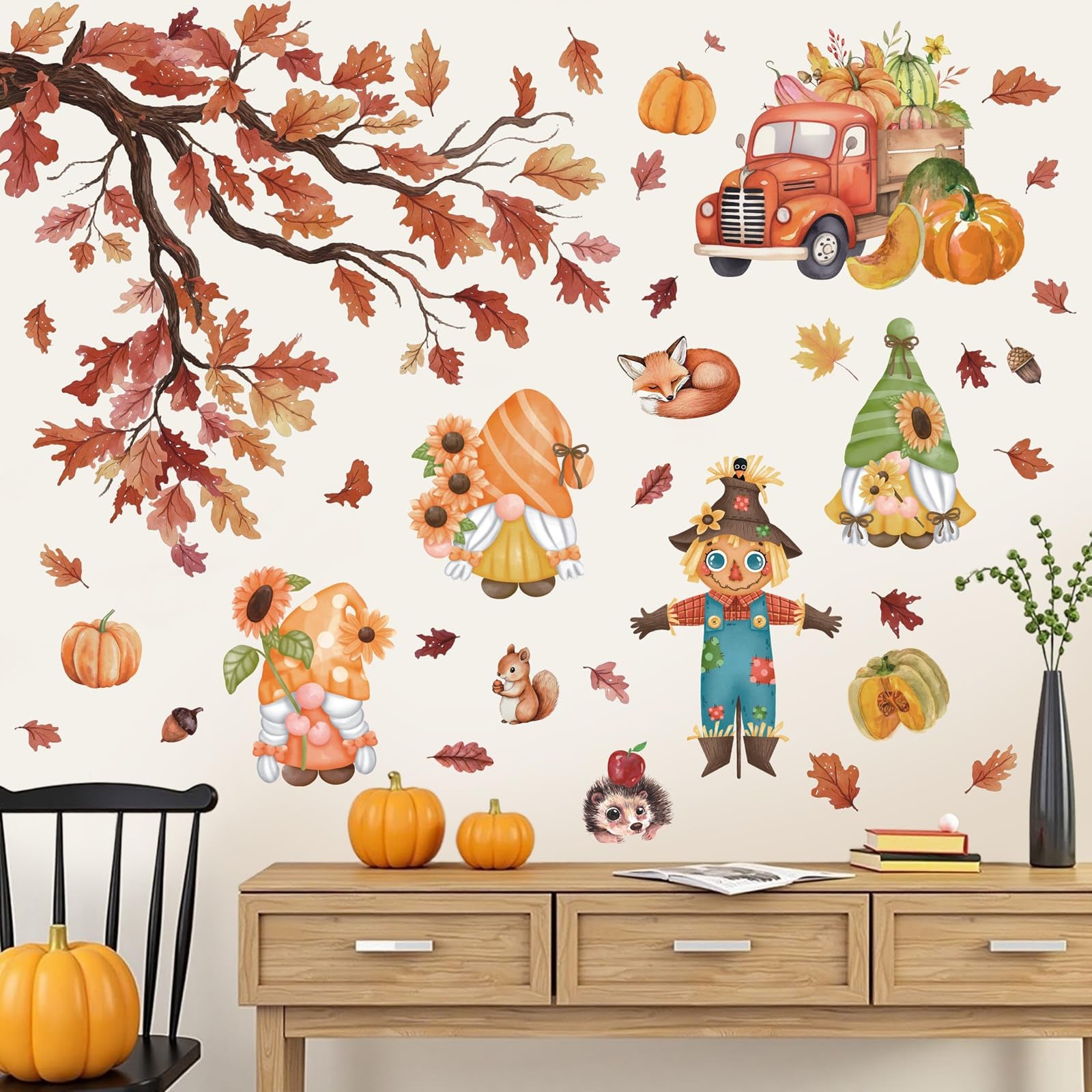 Celestdeco Thanksgiving Window Decorations,Thanksgiving Fall Wall Sticker,Fall Maple Leaves Window Clings,Scarecrow Stickers for
