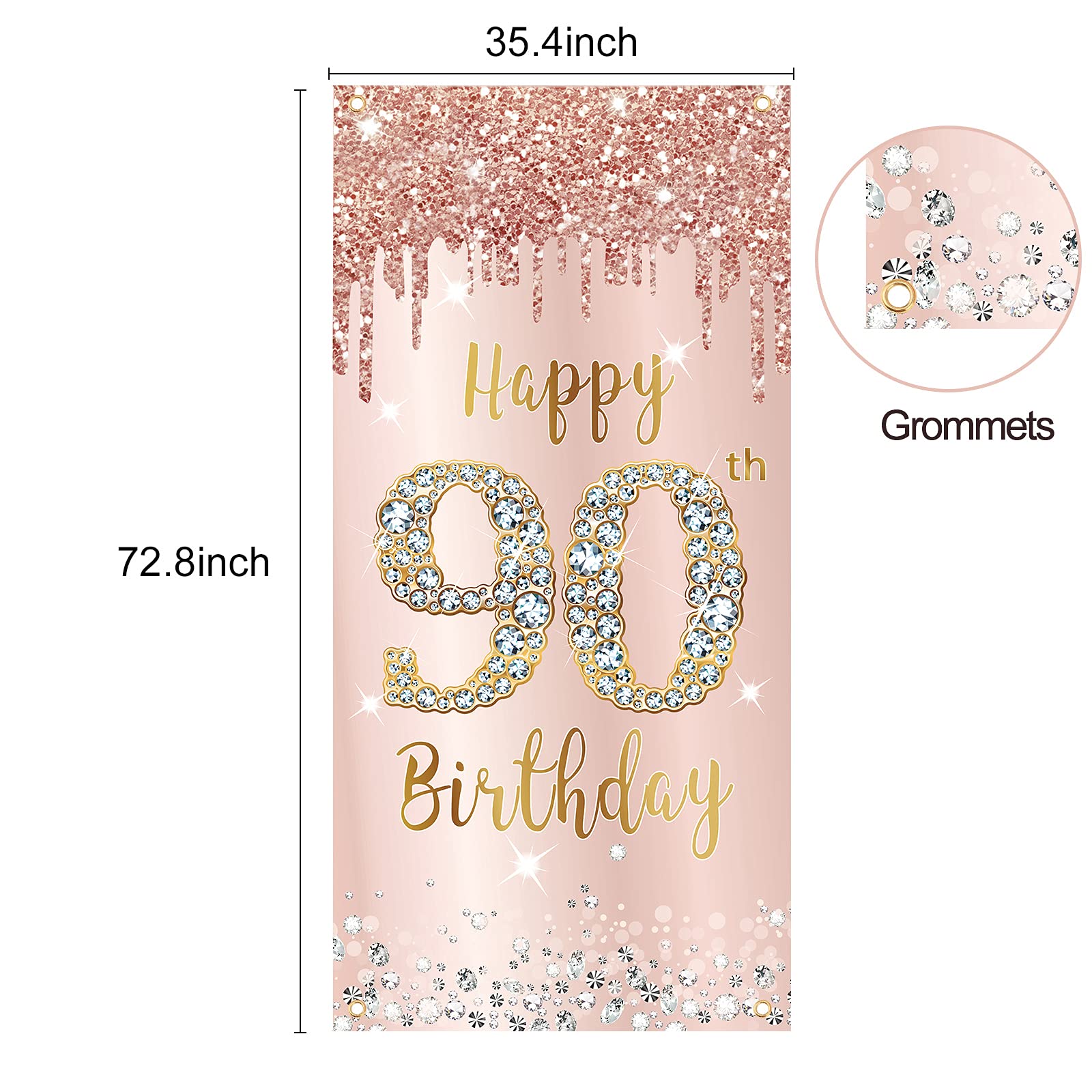 90Th Birthday Door Banner Decorations For Women, Pink Rose Gold Happy 90Th Birthday Door Cover Backdrop Party Supplies, Large 90