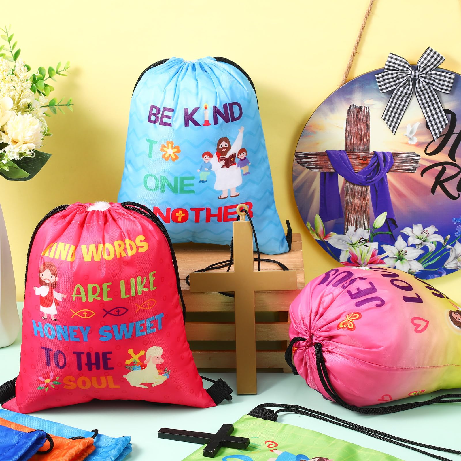 Frienda 20 Pieces Religious Gift Bags Christian Drawstring Backpacks Jesus Treat String Bags Bulk God Bless Baggies For Sunday S