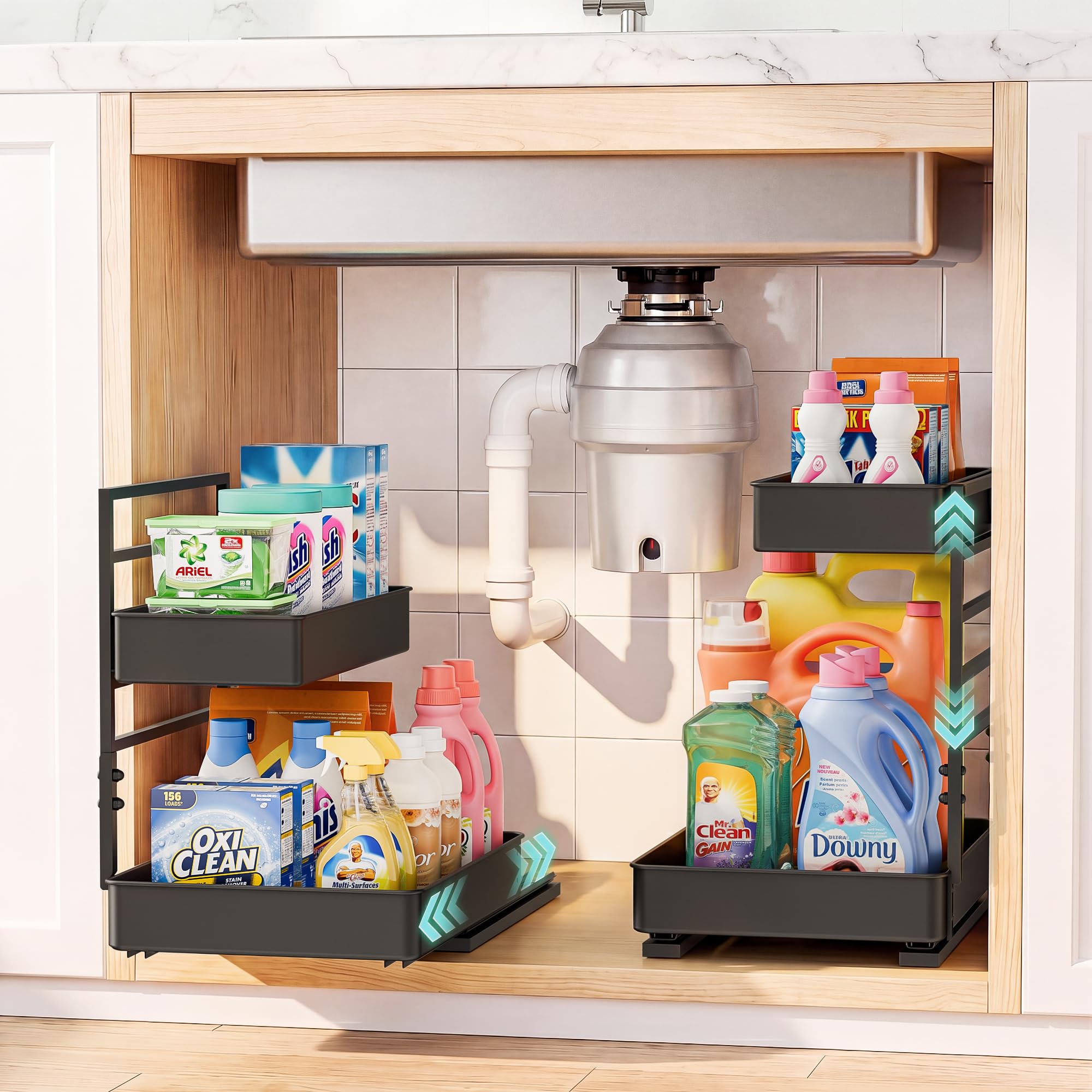 EVERIE Height Adjustable 2 Tier Metal Pull Out Slide Shelf Organizer for Under Sink Cabinets in Kitchen, Bathroom, with Snapon 