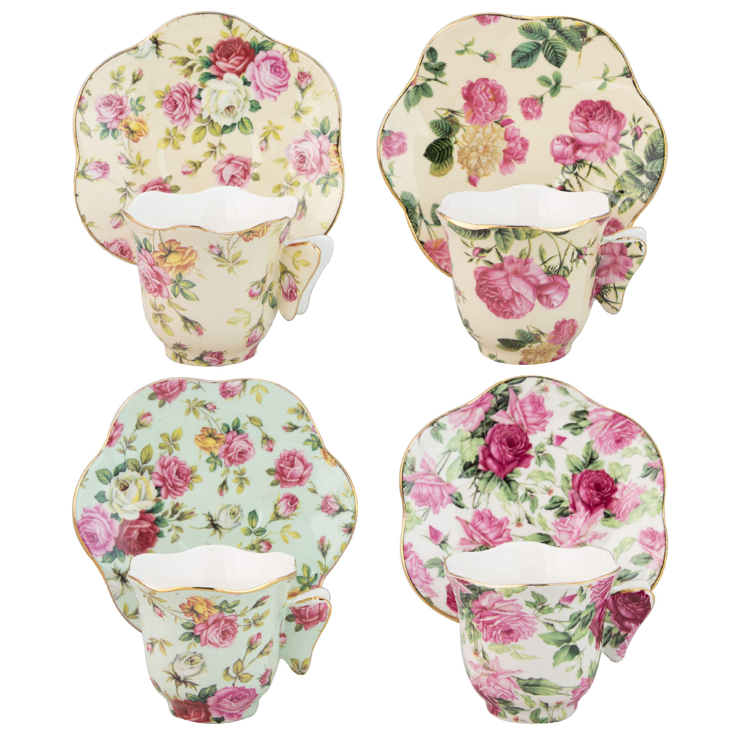 Gracie China Rose Chintz 2-Ounce Porcelain Espresso Cup And Saucer With Butterfly Handles, Set Of 4