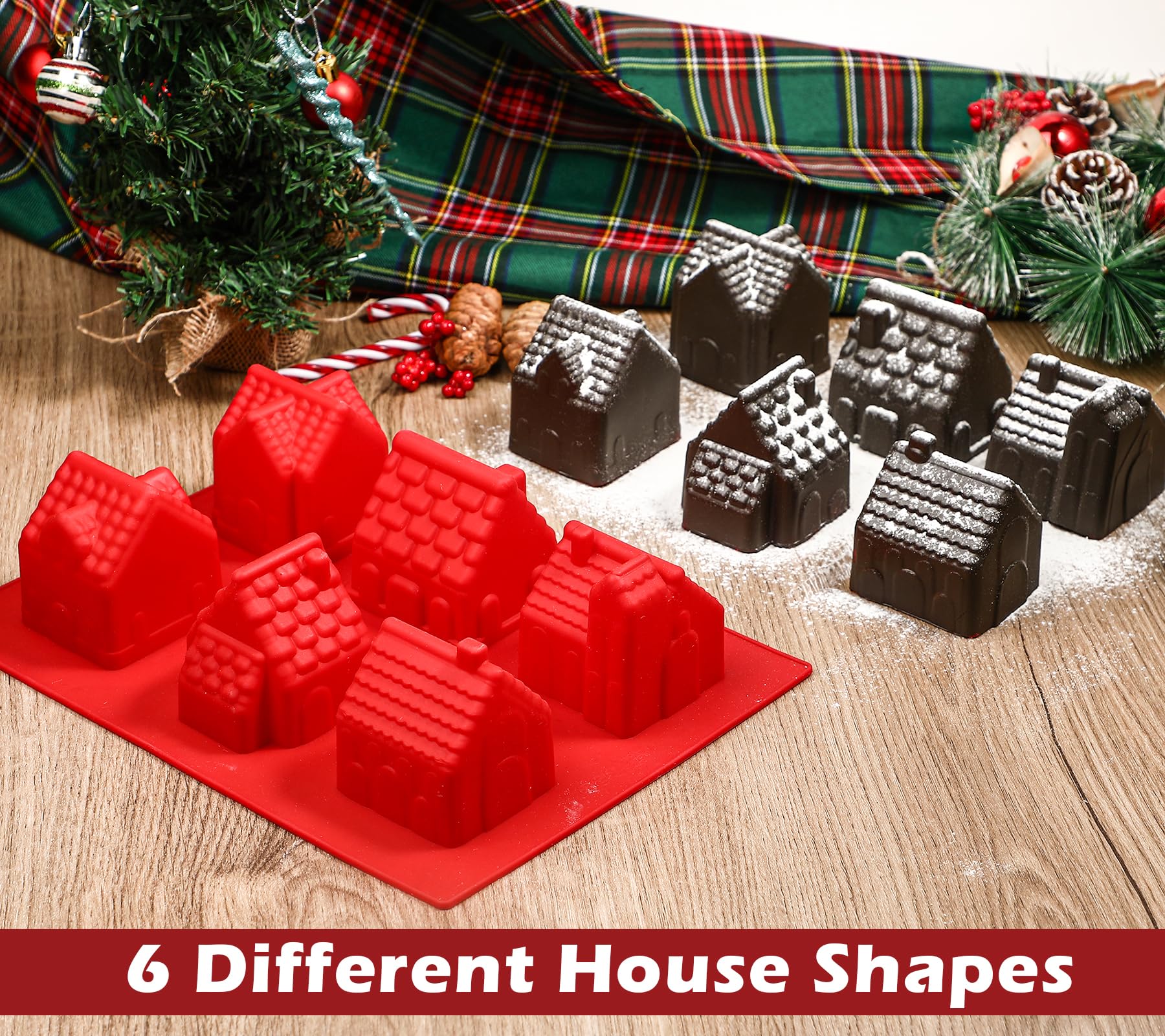 Kamehame 6-Cavity Silicone Gingerbread House Cake Mold, Red, Model KA23023 for Cake Decoration, Cupcakes, Soap, and Pudding