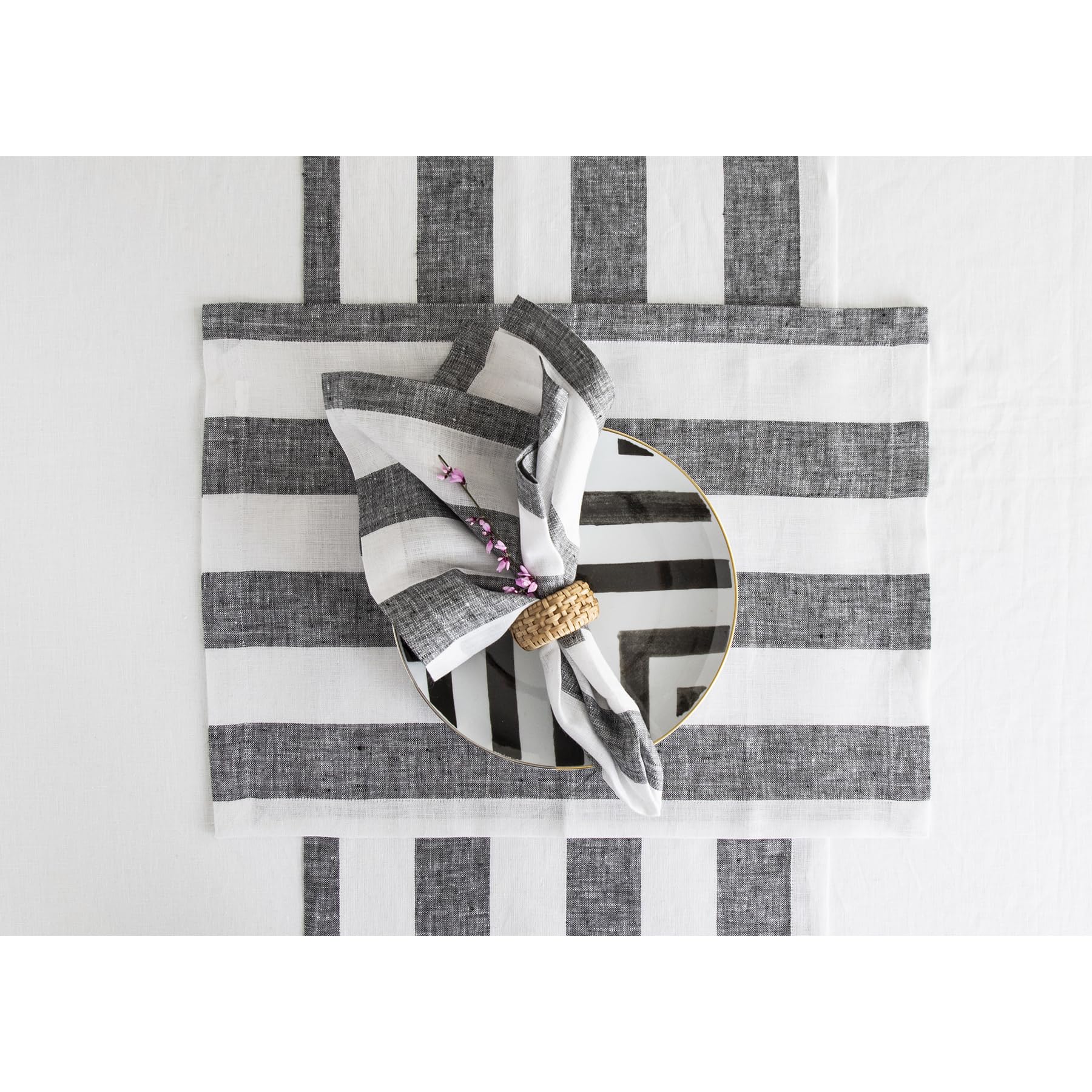 Solino Home Linen Stripe Table Runner 36 Inch - 100% Pure Linen Black And White Table Runner 14 X 36 Inch - Cabana Stripe Farmho