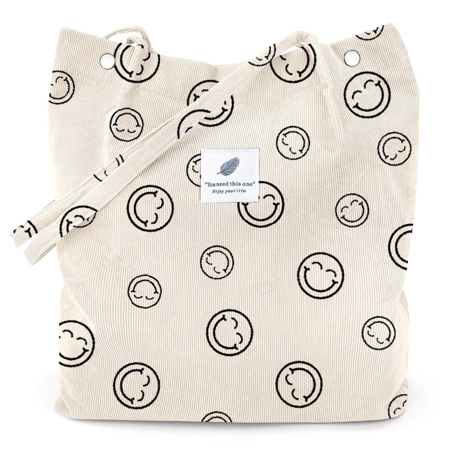 Lhmtqvk Corduroy Tote Bags For Women, Large Capacity Corduroy Bag Reusable Grocery Shoulder Bag With Inner Pockets(Smile)