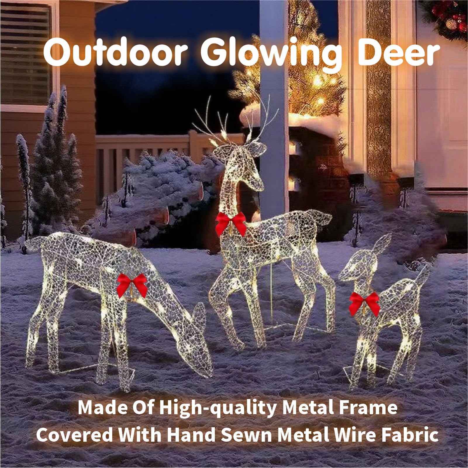 Pre-Lit Outdoor Christmas Deer Family Set, 2D Lighted Reindeer Decoration, 60 LED Warm White Lights, 3-Piece, Waterproof,Battery