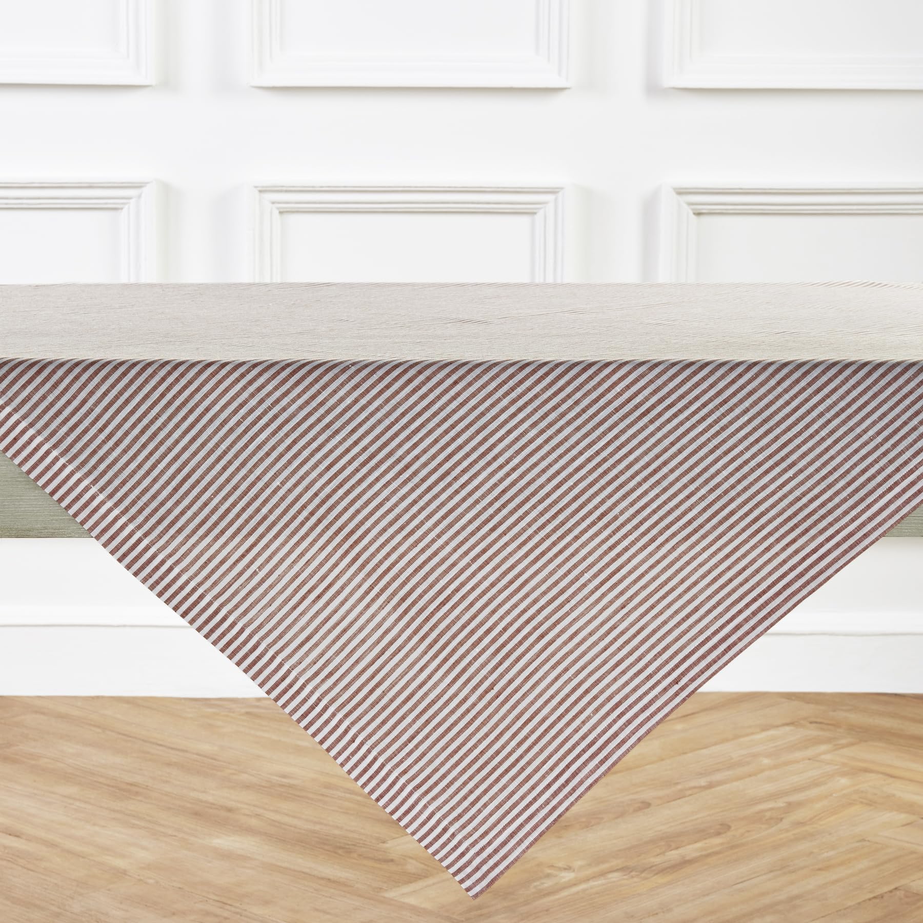 Solino Home Stripe Linen Tablecloth - 100% Pure Linen Cinnamon And White Tablecloth 120'' L X 60'' W For Spring - Handcrafted An