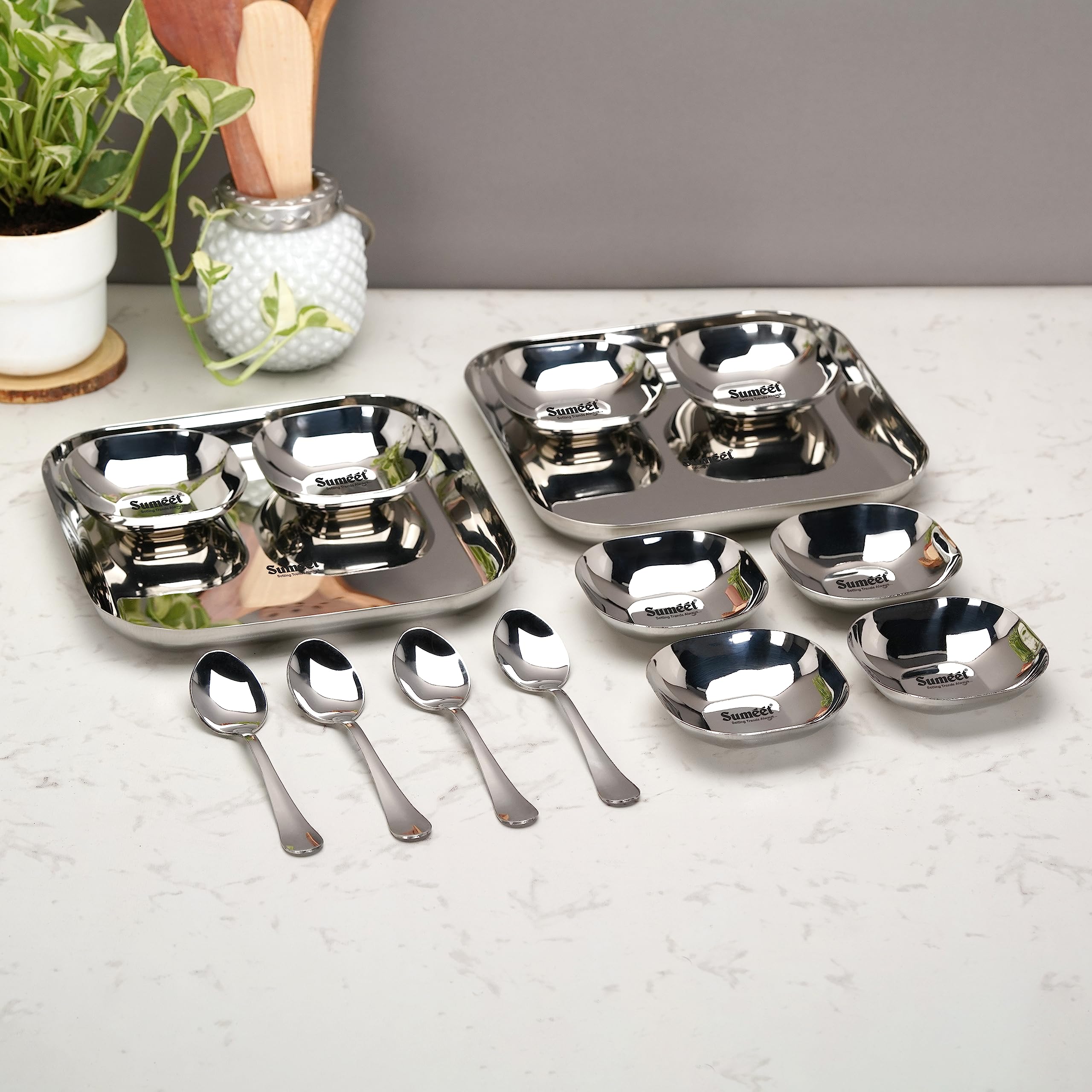 Sumeet Stainless Steel Square Shape Medium Size Snack Serve Namkeen Set of 14PC  Silver