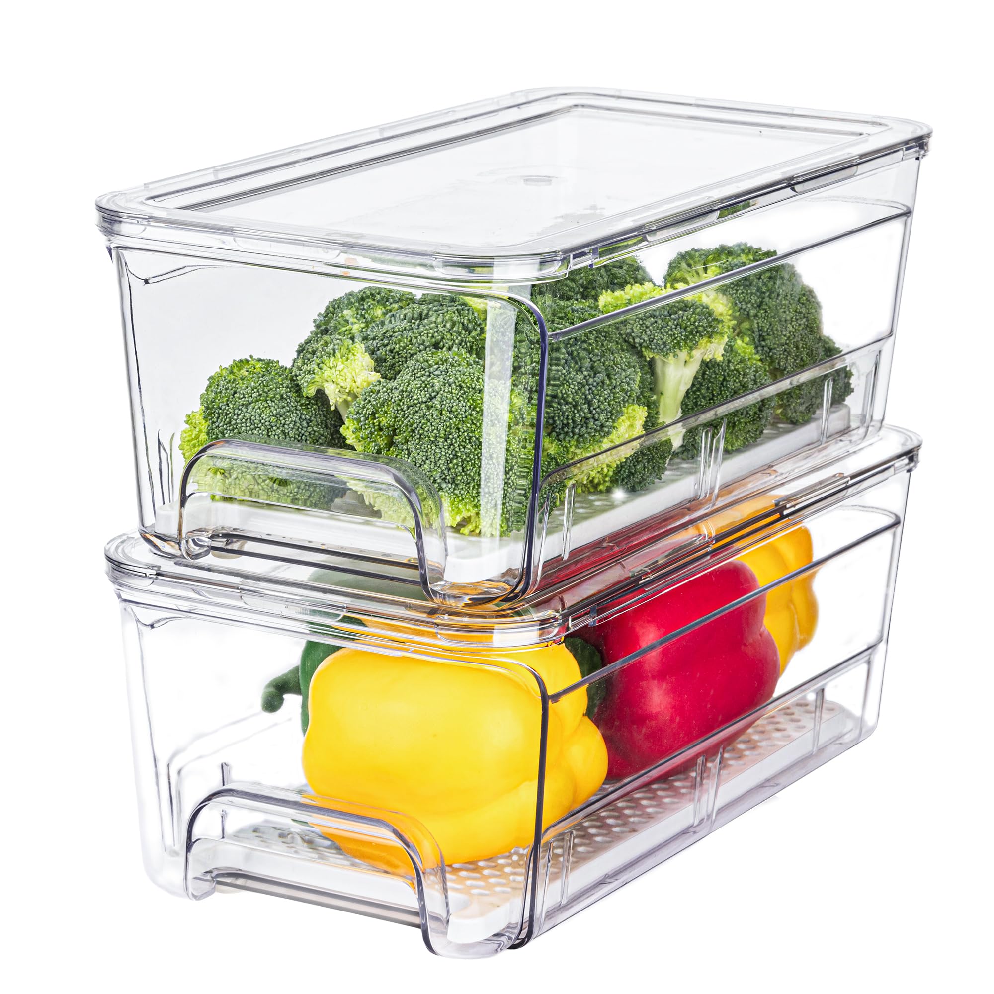Brippo Pull Out Fridge Organizer Drawer, Stackable Refrigerator Storage Bins with Drain Tray and Lid, Clear Fruit and Vegetable 
