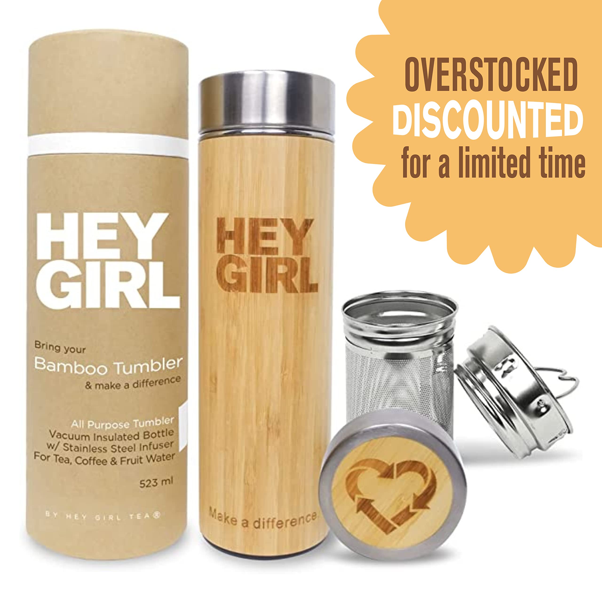 Hey Girl Bamboo Tea Infuser Bottle With Tea Strainer - Insulated Stainless Steel Water Bottle For Loose Leaf Tea & Coffee - Tea