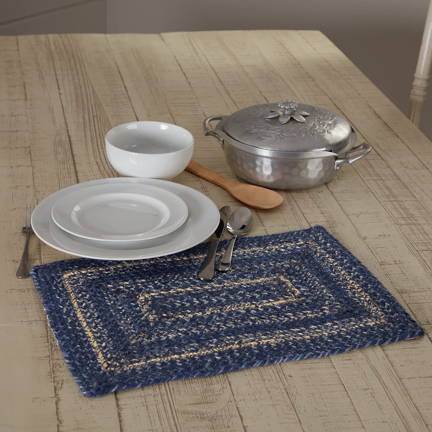 Vhc Brands Farmhouse Great Falls Blue Table Placemat, Blue White, Jute Blend, Rectangle, 12X18 Inches