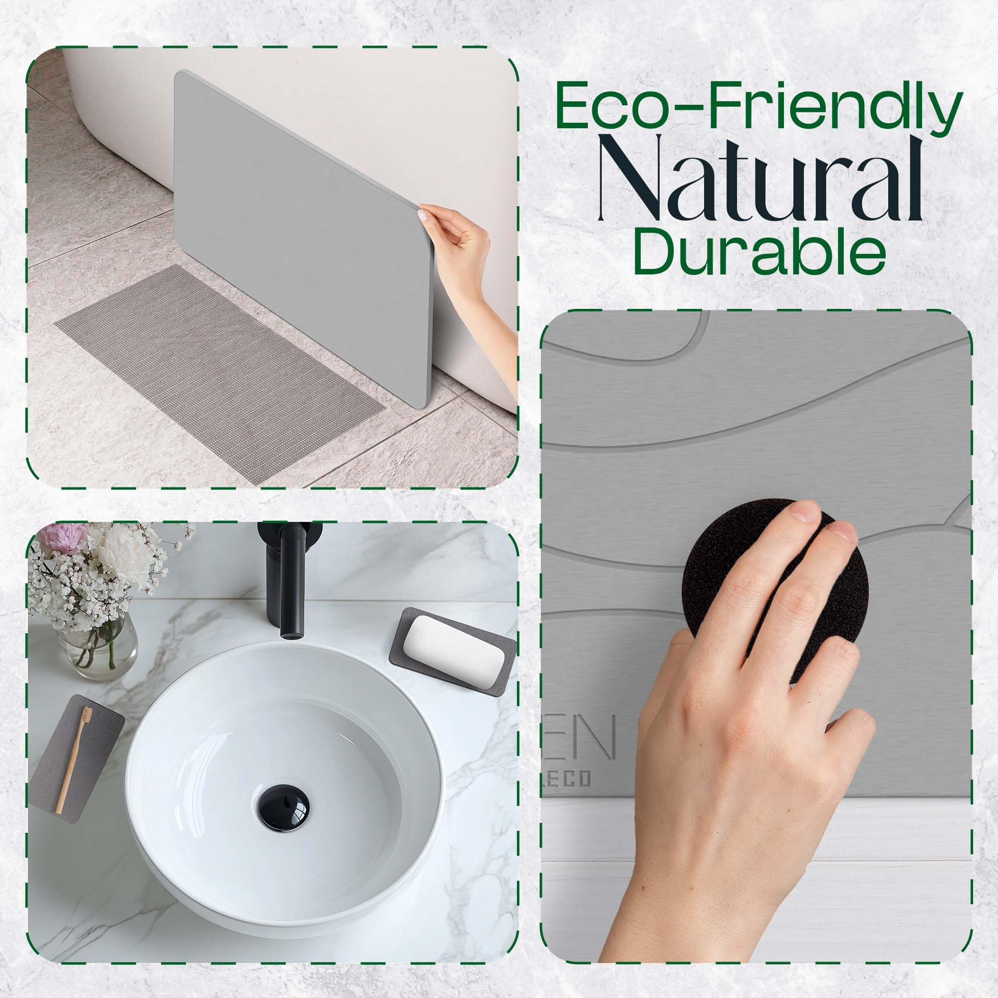 Zen-Eco Quick Dry Stone Bath Mat (6-Piece) - Bathroom Stone Mat Quick Dry With 1X Foldable Mat & 2X Stone Dish - Stone Shower Ma