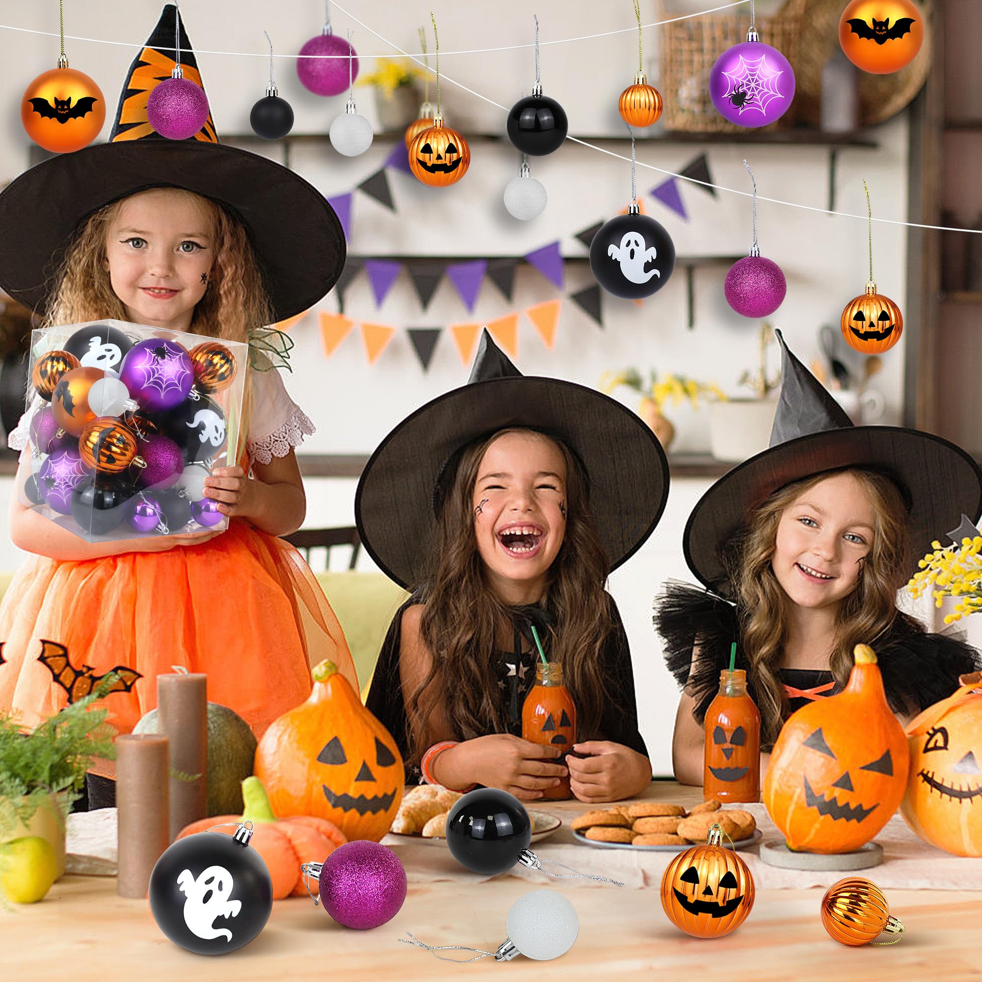 Halloween Ball Ornaments for Tree, 36PCS Halloween Tree Decorations Shatterproof Pumpkin Bat Spider Ghost Ornaments Hanging Ball