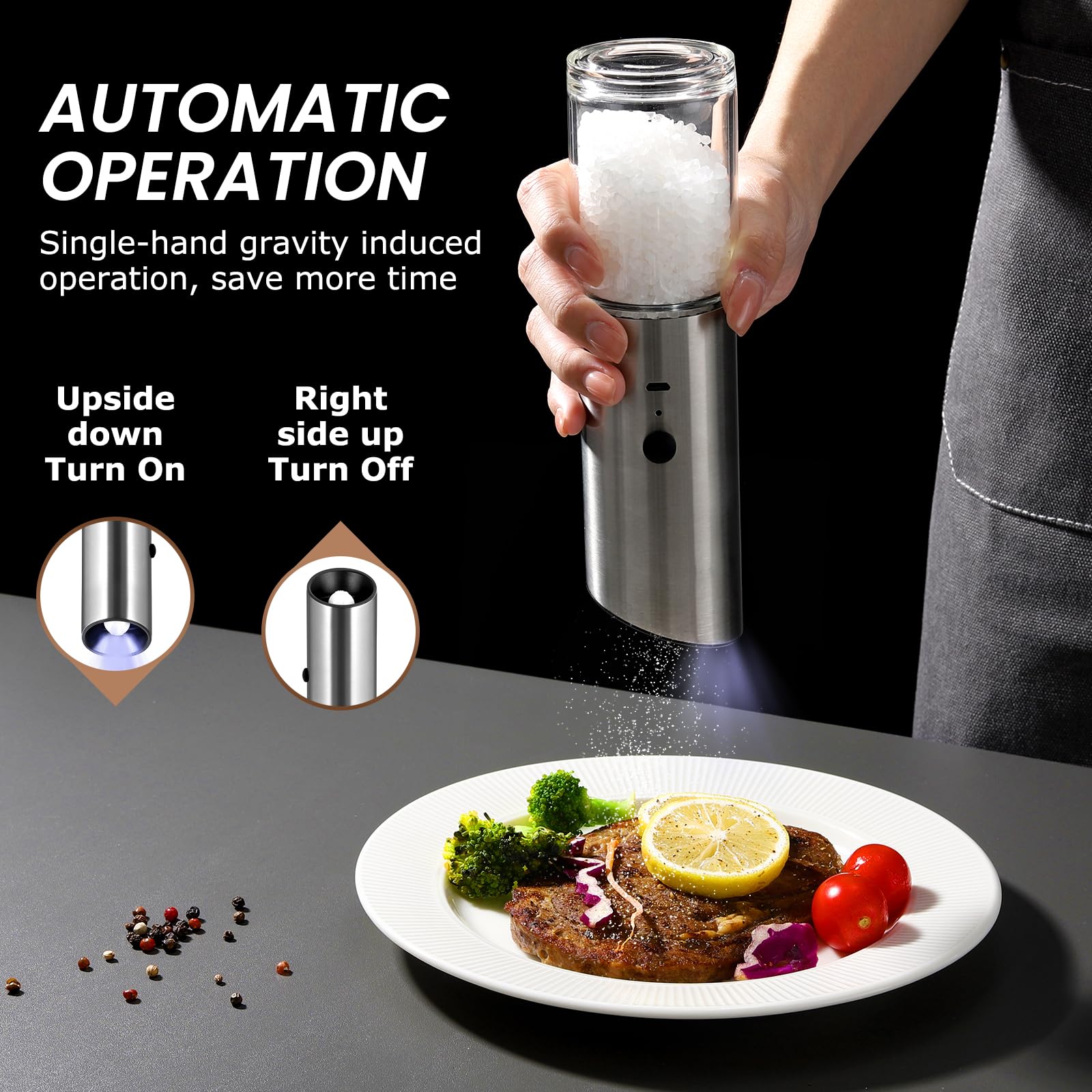 Vevok Chef Electric Salt And Pepper Grinder Set Rechargeable With Led Light Usb Automatic Gravity Stainless Steel Pepper Mill Sp
