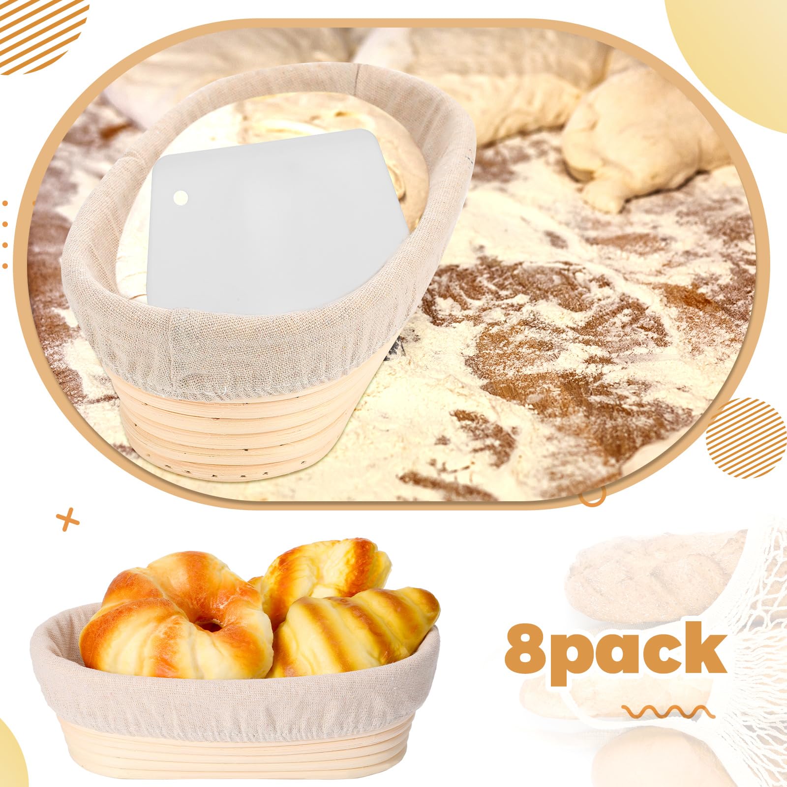 Gejoy Oval Banneton Bread Proofing Basket Set Of 8, Sourdough Bread Baking Bowl Kit With Cloth Liners And Dough Scrapers Natural