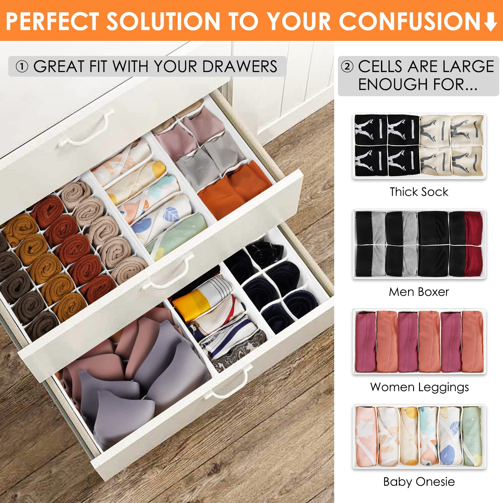 6 Pack Sock Underwear Drawer Organizer Dividers, 58 Cell Foldable Fabric Dresser Closet Organizers and Storage Bins for Clothing
