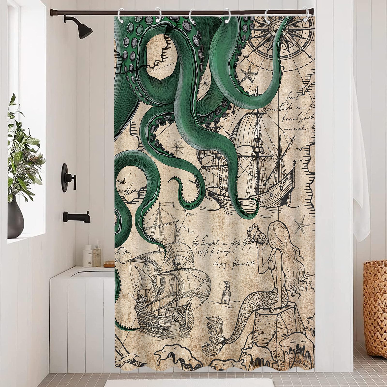 Fungarth Stall Vintage Green Nautical Octopus Shower Curtain Mermaid Funny Ocean Kraken Shower Curtains For Bathroom Cool Anchor