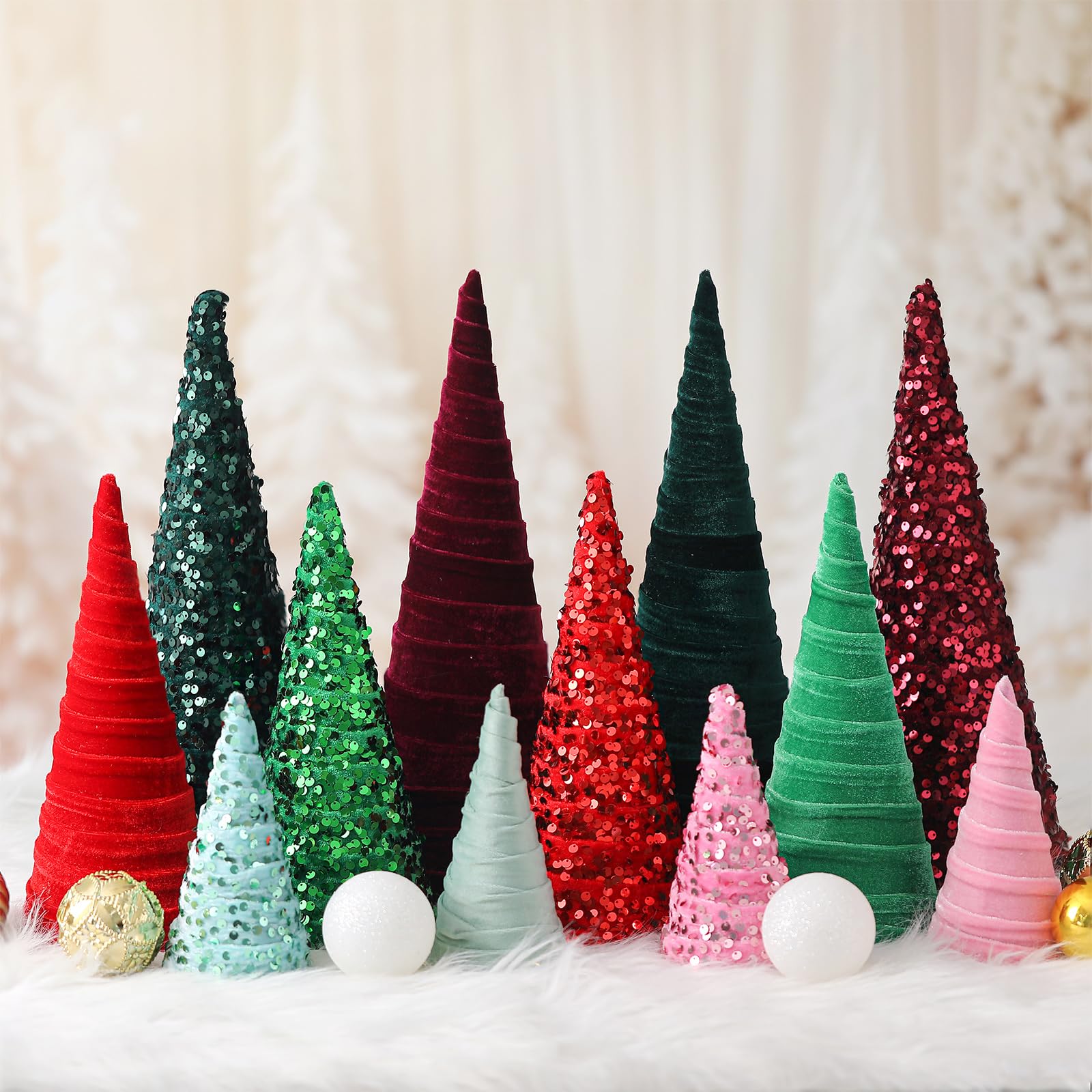 Ireer 12 Pcs Christmas Velvet Trees Set Various Size Velvet Cone Modern Decorations Indoor Table Tree Centerpiece Minimalist Xma
