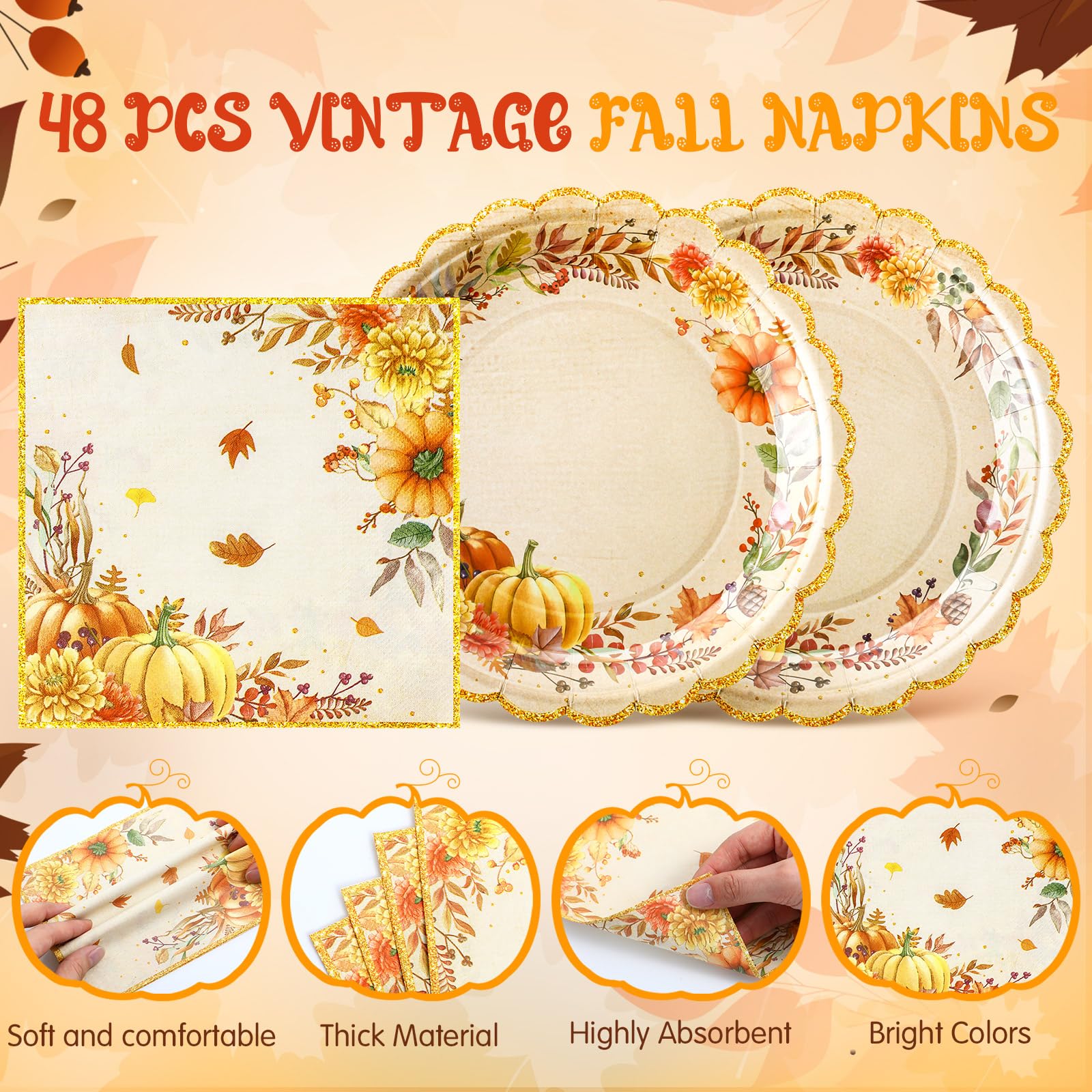 Havawish 96 Pcs Thanksgiving Paper Plates and Napkins Set Serve 48, 7 Inch Fall Plates and Napkins Fall Party Supplies Disposabl