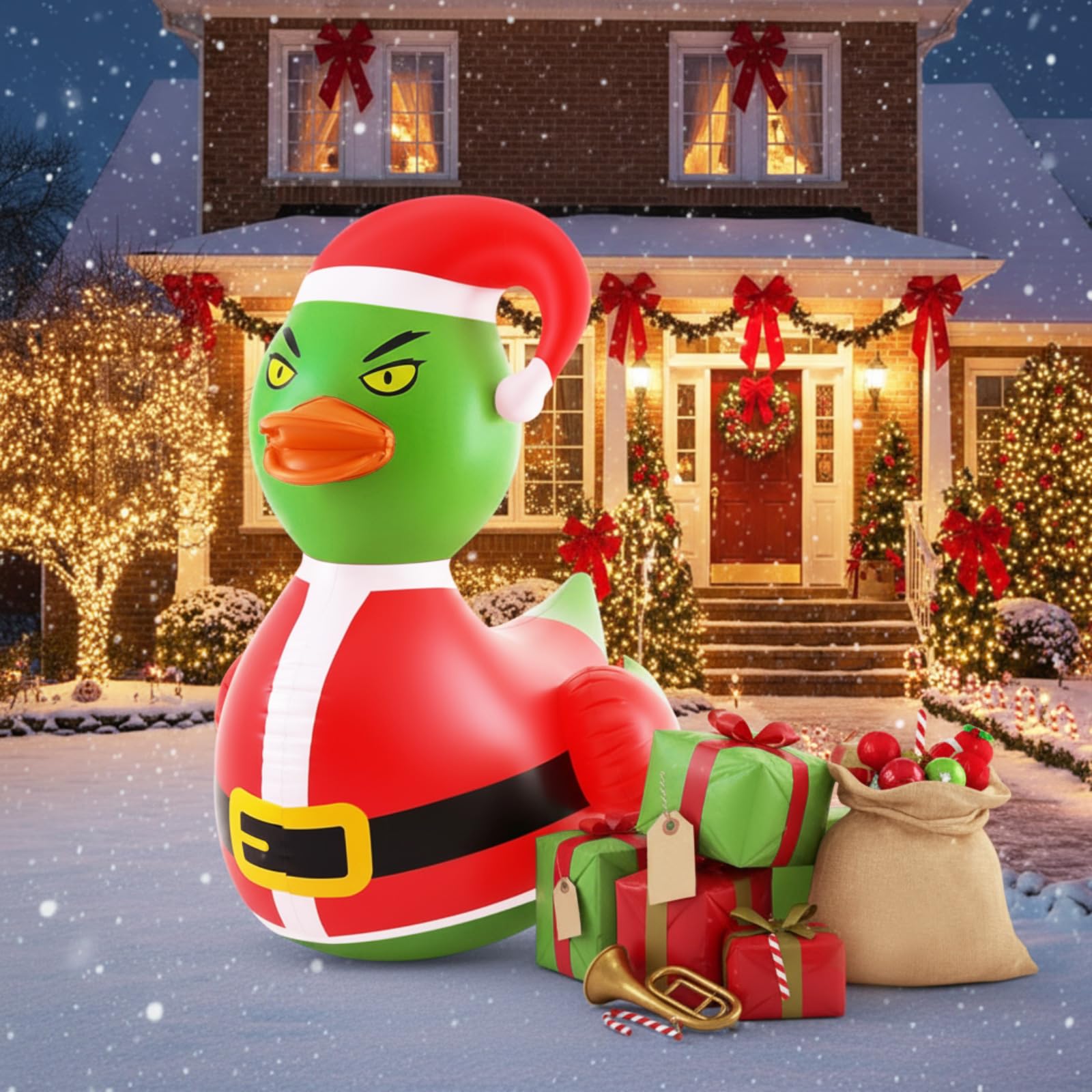 Hungdao 1 Pcs 4 Feet PVC Christmas Giant Inflatable Green Hair Monster Duck Huge Rubber Large Blow up Duck Christmas Pool Floats