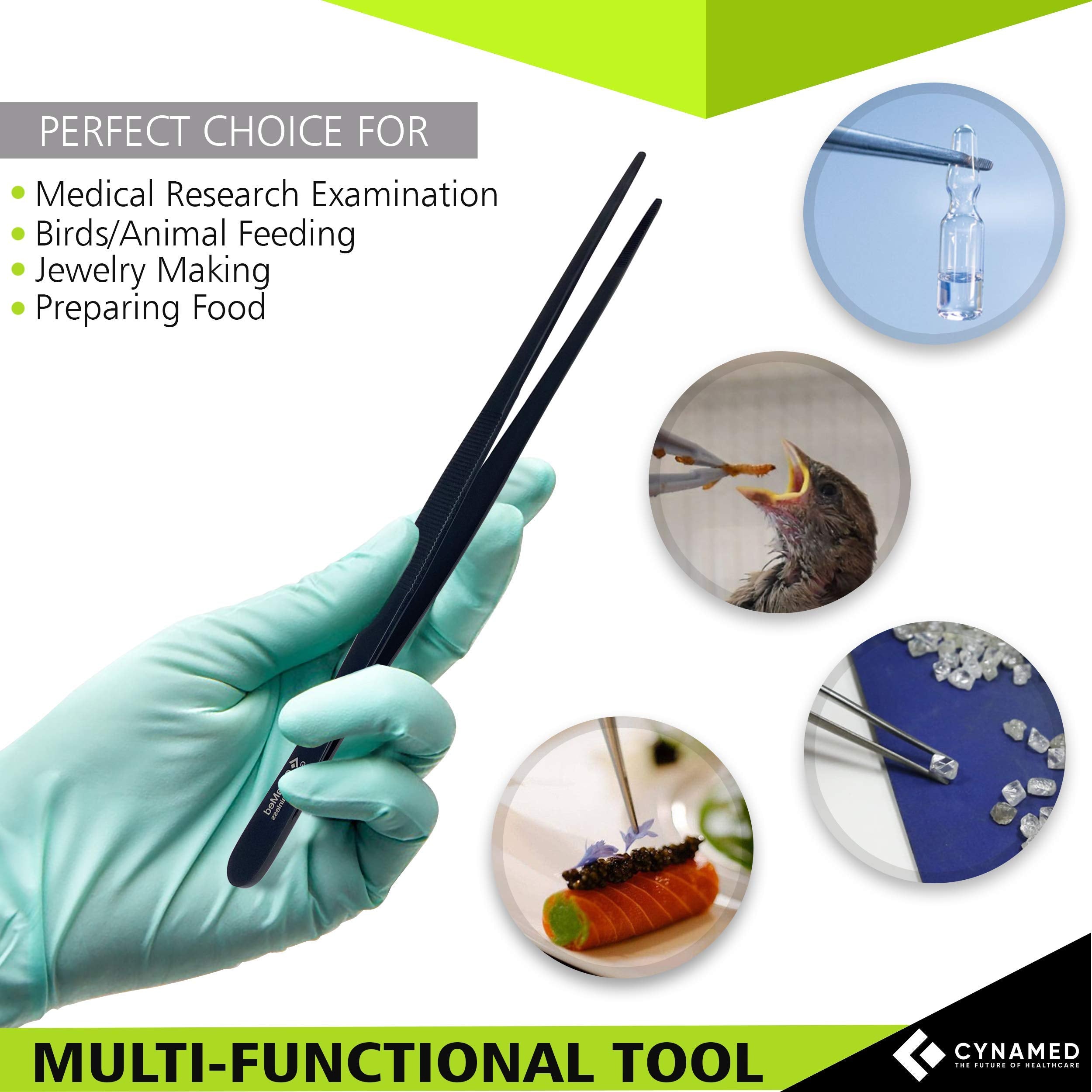 Cynamed 10    Kitchen Premium Tongs Tweezers Stainless Steel, Long With Precision Serrated Tips (Black)