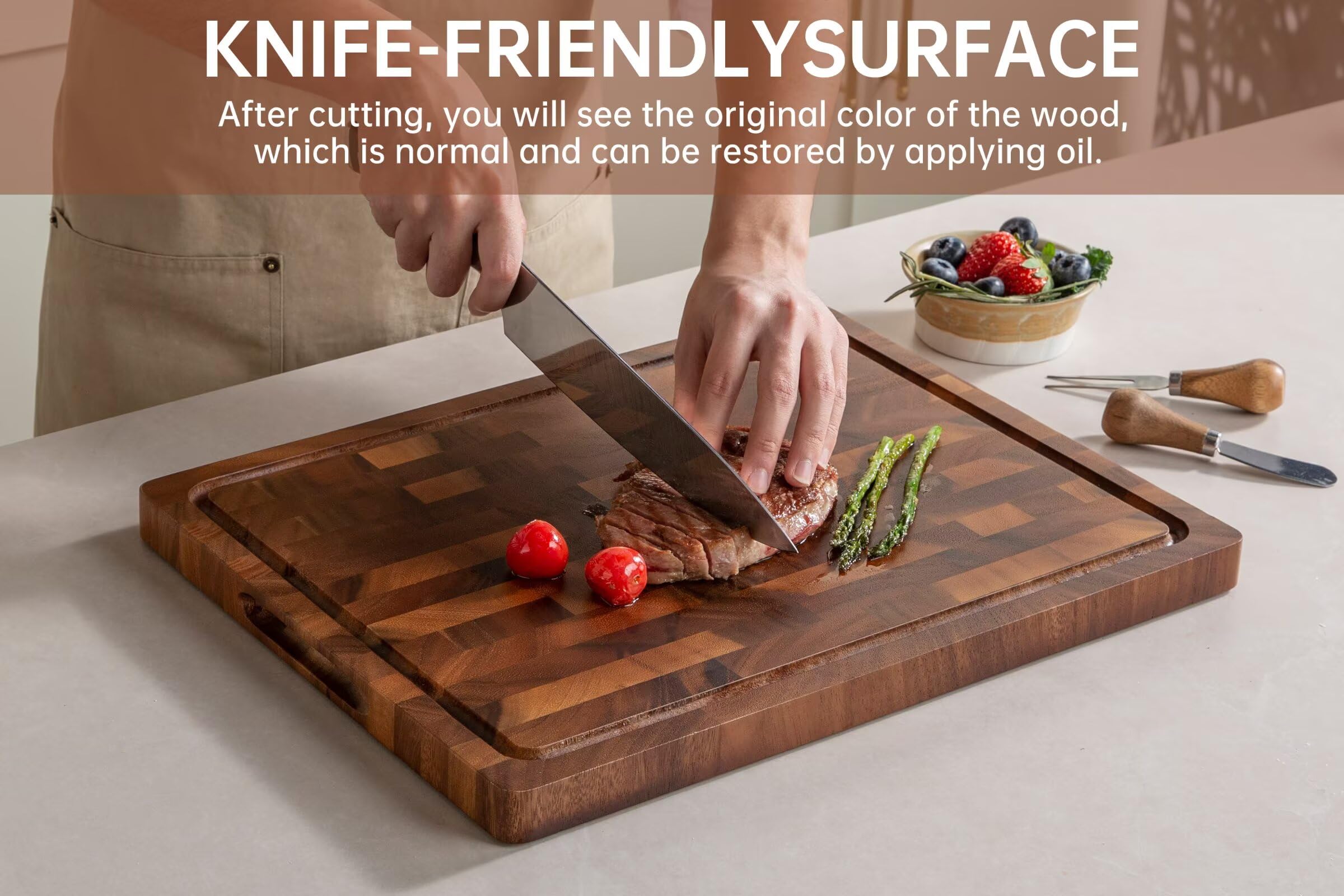 THETCHRY Cutting Boards for Kitchen, Design in USA Large Acacia Wood Chopping Board, Herringbone Cutting Board with Juice Groove