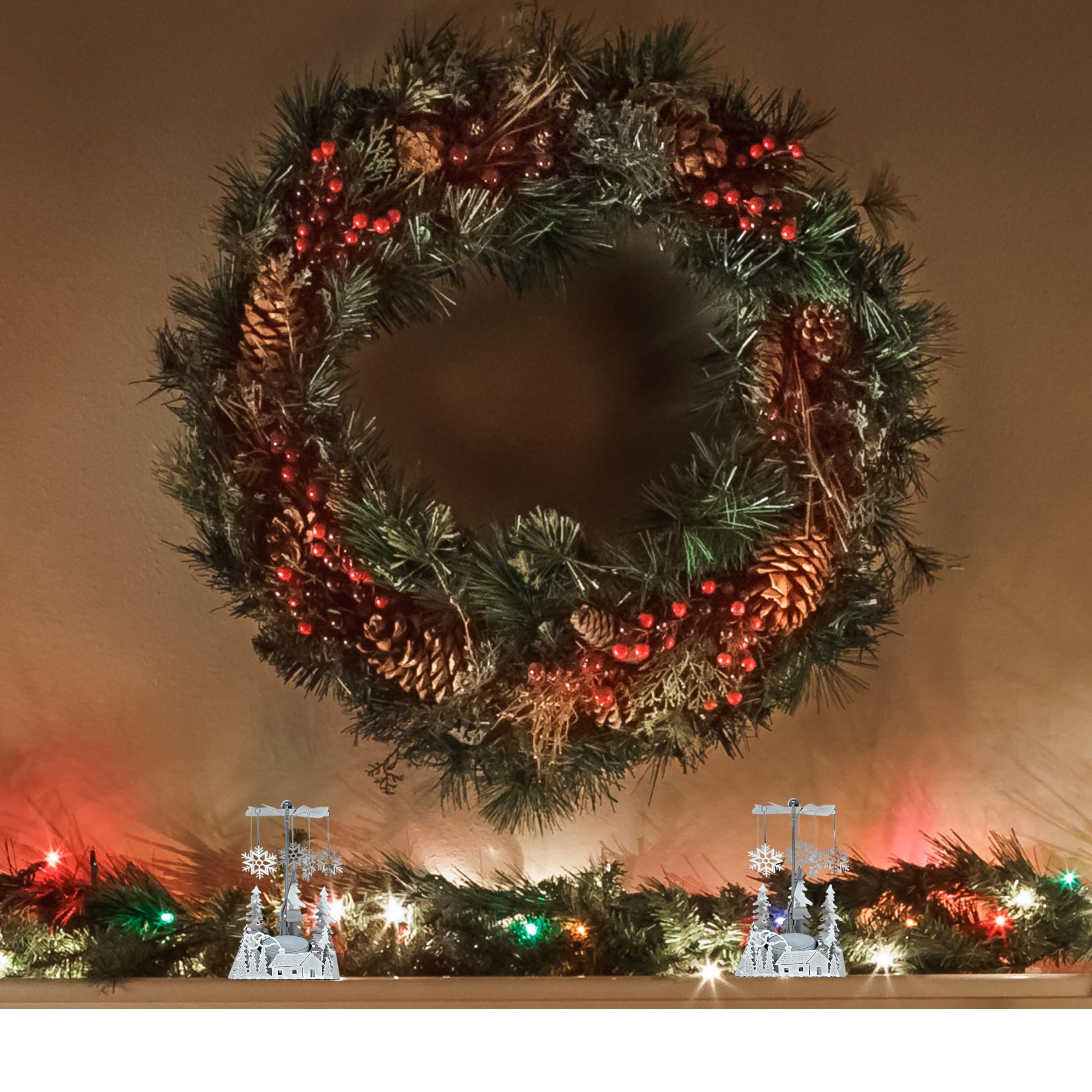 Winter Cabin Holiday Silver Candle Spinners - Silver Plated Laser Cut Winter Scene Cabin Trees Design with Snowflake Charms - Te