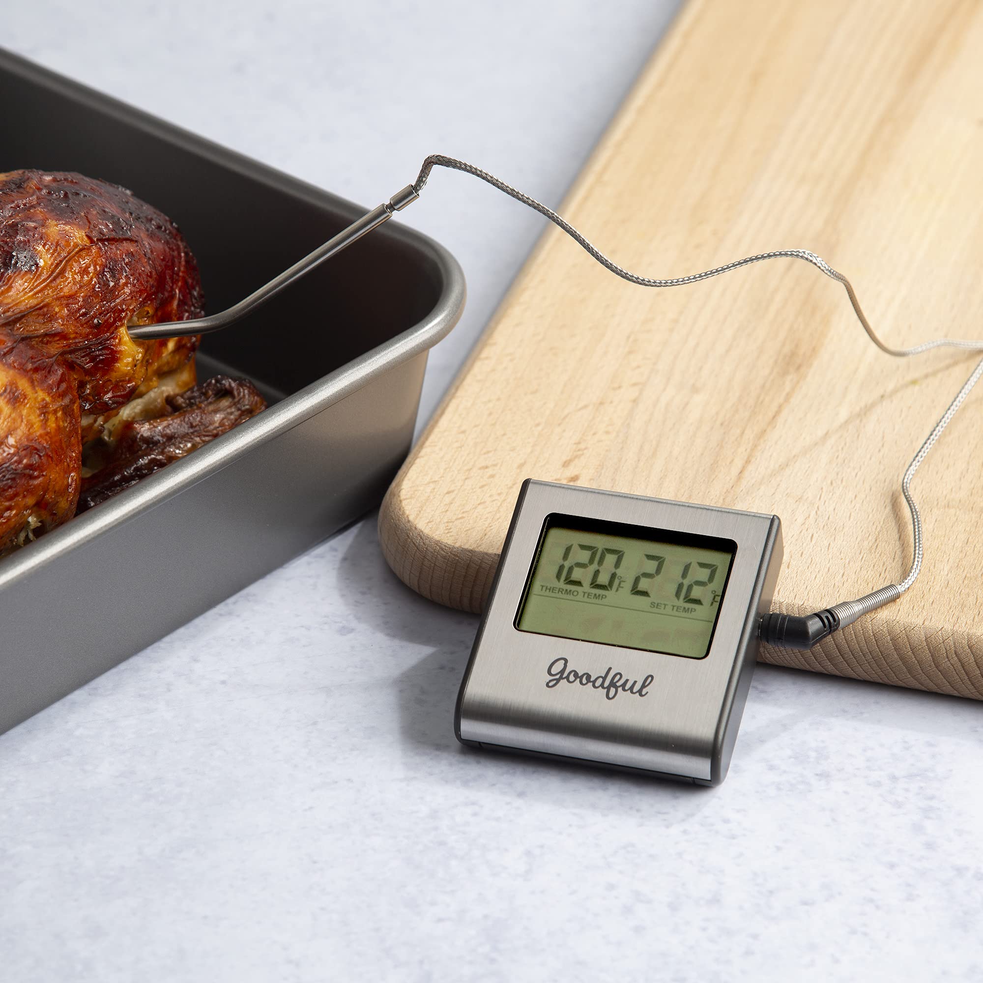 Goodful Wired Probe Meat Thermometer With Timer, Programmed With Preset Usda Approved Temperatures For Different Types Of Meat,