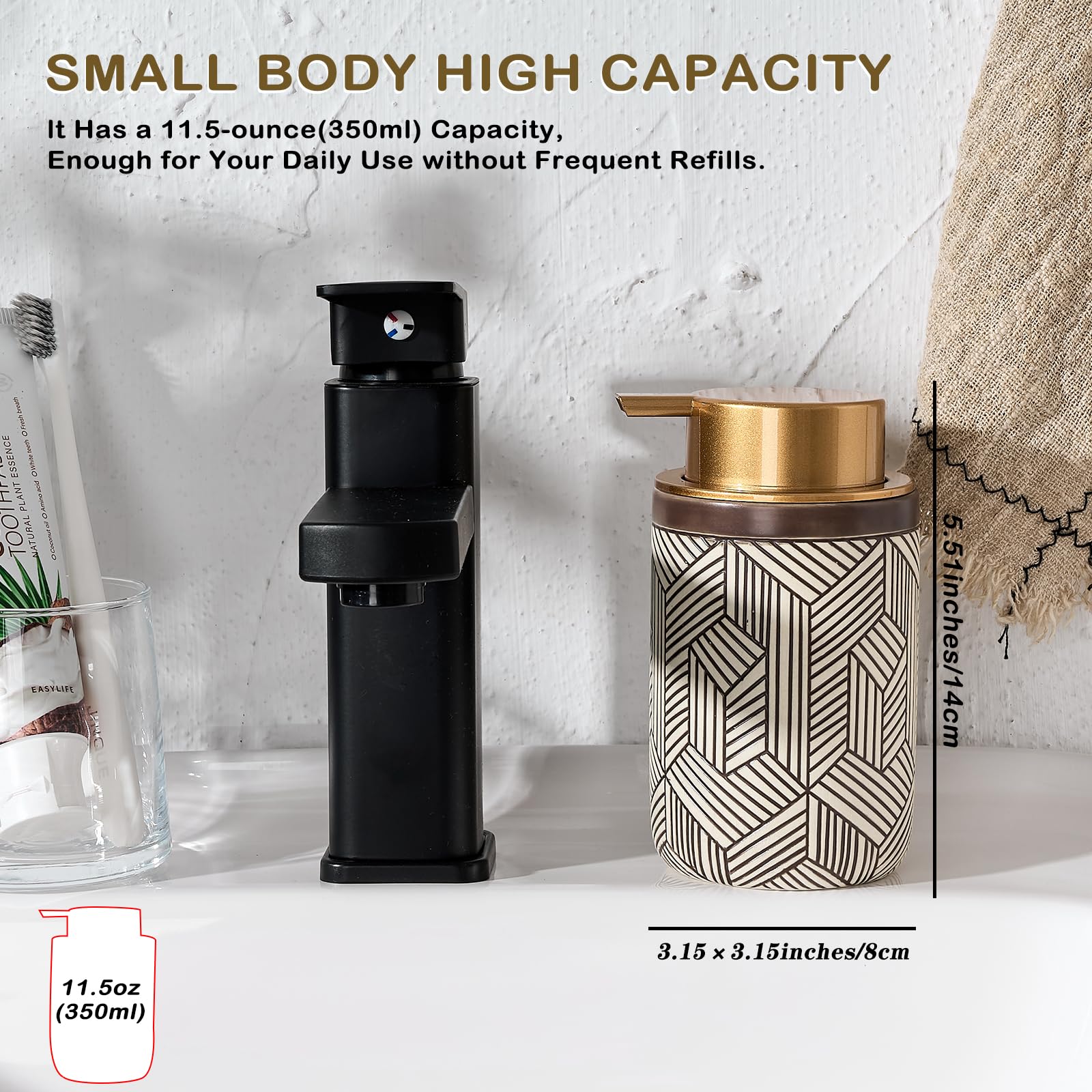 Girlufo Brown Foaming Soap Dispenser,Foam Soap Dispenser Bathroom With Plastic Gold Soap Pump,Handmade Ceramic Foaming Hand Soap