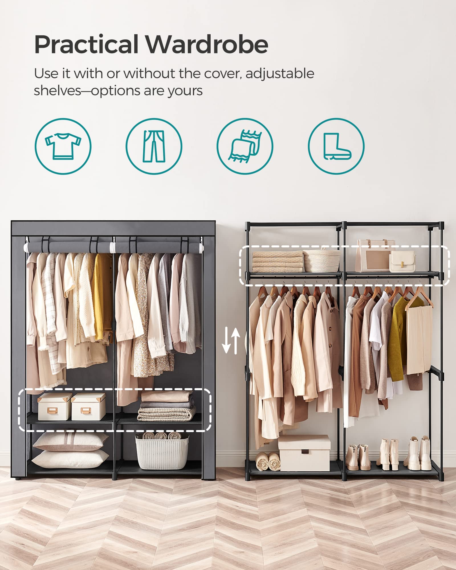 Songmics Closet Wardrobe, Portable Closet For Bedroom, Clothes Rail With Non-Woven Fabric Cover, Clothes Storage Organizer, 55.1