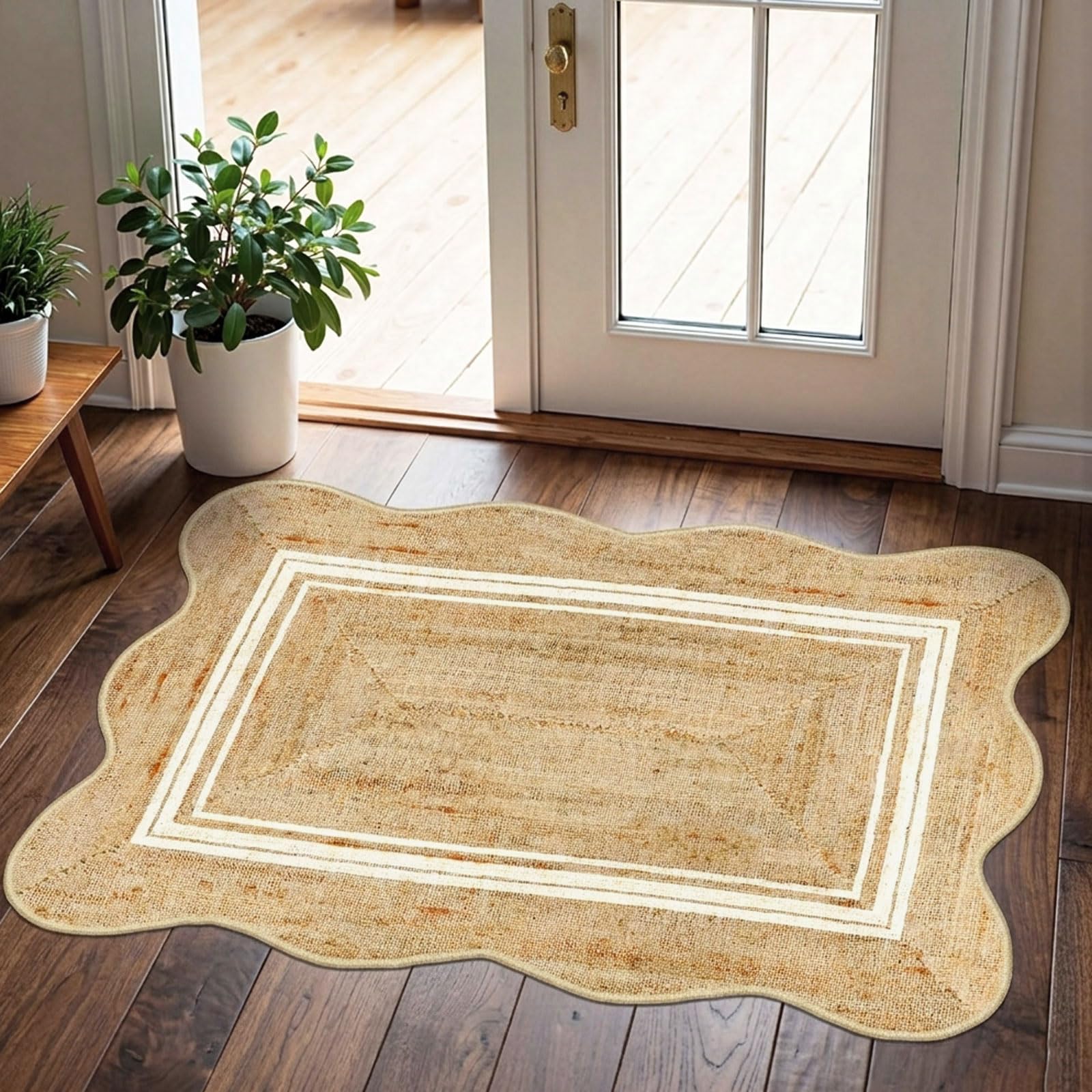 Othilic Front Door Rug - 2x3 Jute-Look Washable Doormat Indoor Outdoor Entrance Non-Slip Door Mat Farmhouse Scalloped Small Thro