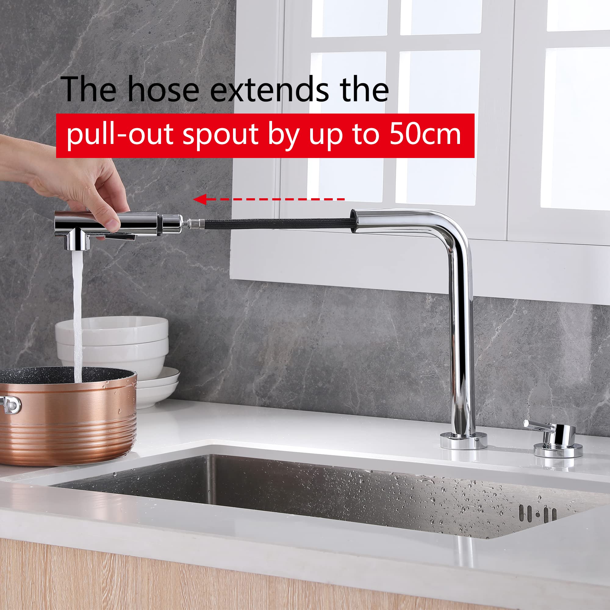 SUMERAIN 2 Hole Kitchen Faucet with Pull Out Sprayer chrome  Front Window Kitchen Sink Faucet with Side Single Handle