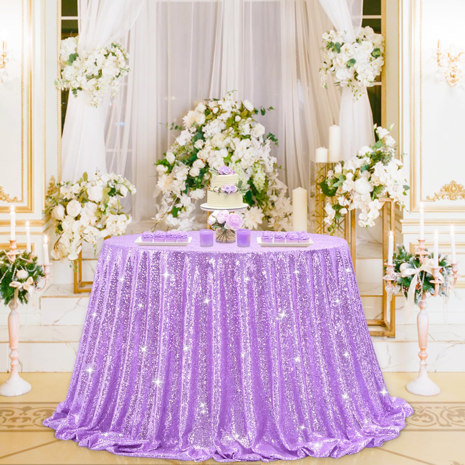 B-COOL Sequin Tablecloth Round Party Decorations: 90 Inch Tablecloths Lavender Overlay Shimmer Fabric for Indoor Outdoor Gatheri