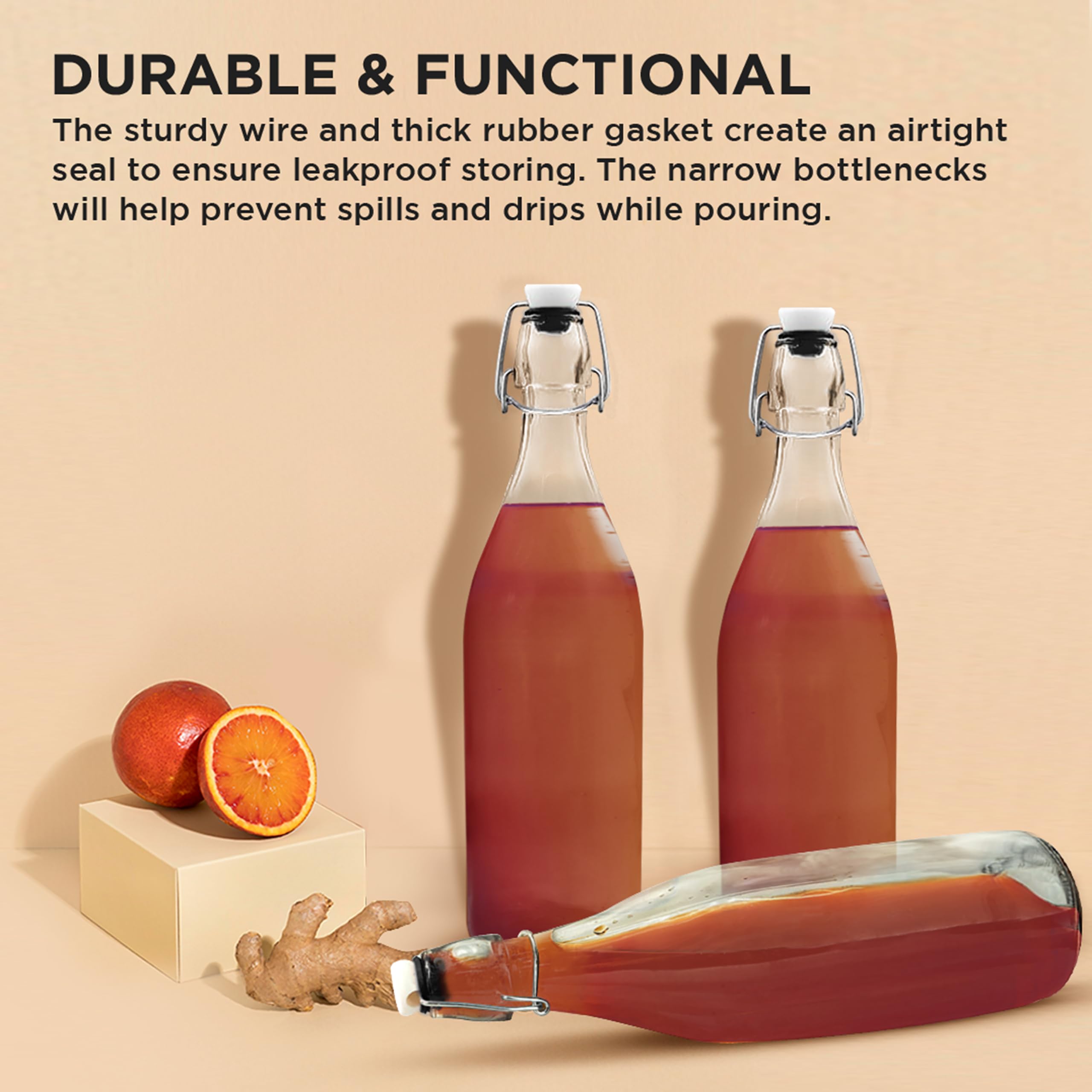 Nevlers 6 Pcs | 33 Oz Round Swing Top Glass Bottles With Airtight Stopper | 1 Liter Home Brewing Bottles For Kombucha - Water Ke