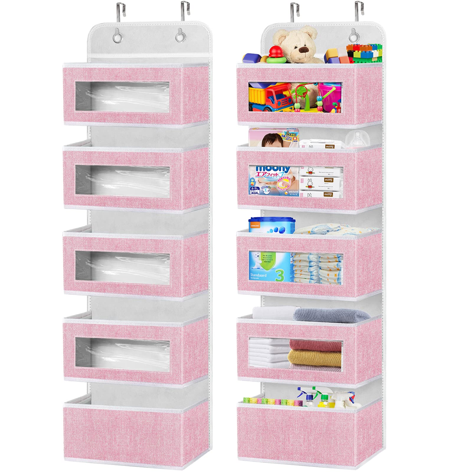 homyfort Over The Door Organizer  Hanging Baby Diaper Organizer for Nursery  Pink Wall Storage Organizer with 5 Large Pockets for Girls Room Pantry Dorm Bathroom Closet
