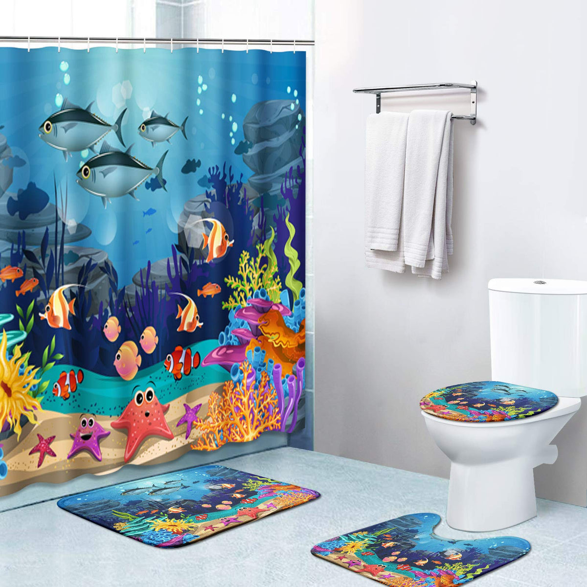 Britimes 4 Piece Shower Curtain Sets, Blue Ocean Fish With Non-Slip Rugs, Toilet Lid Cover And Bath Mat, Durable And Waterproof,