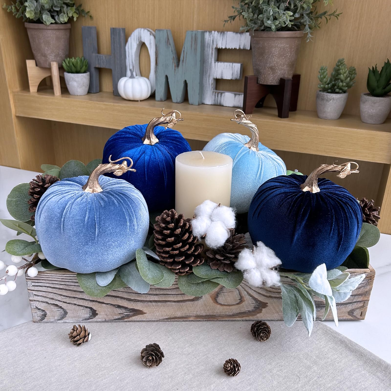 Winlyn 4 Pcs Assorted Blue Faux Velvet Pumpkins Decorative Harvest Pumpkins Fabric Foam Pumpkins for Farmhouse Fall Wedding Hall