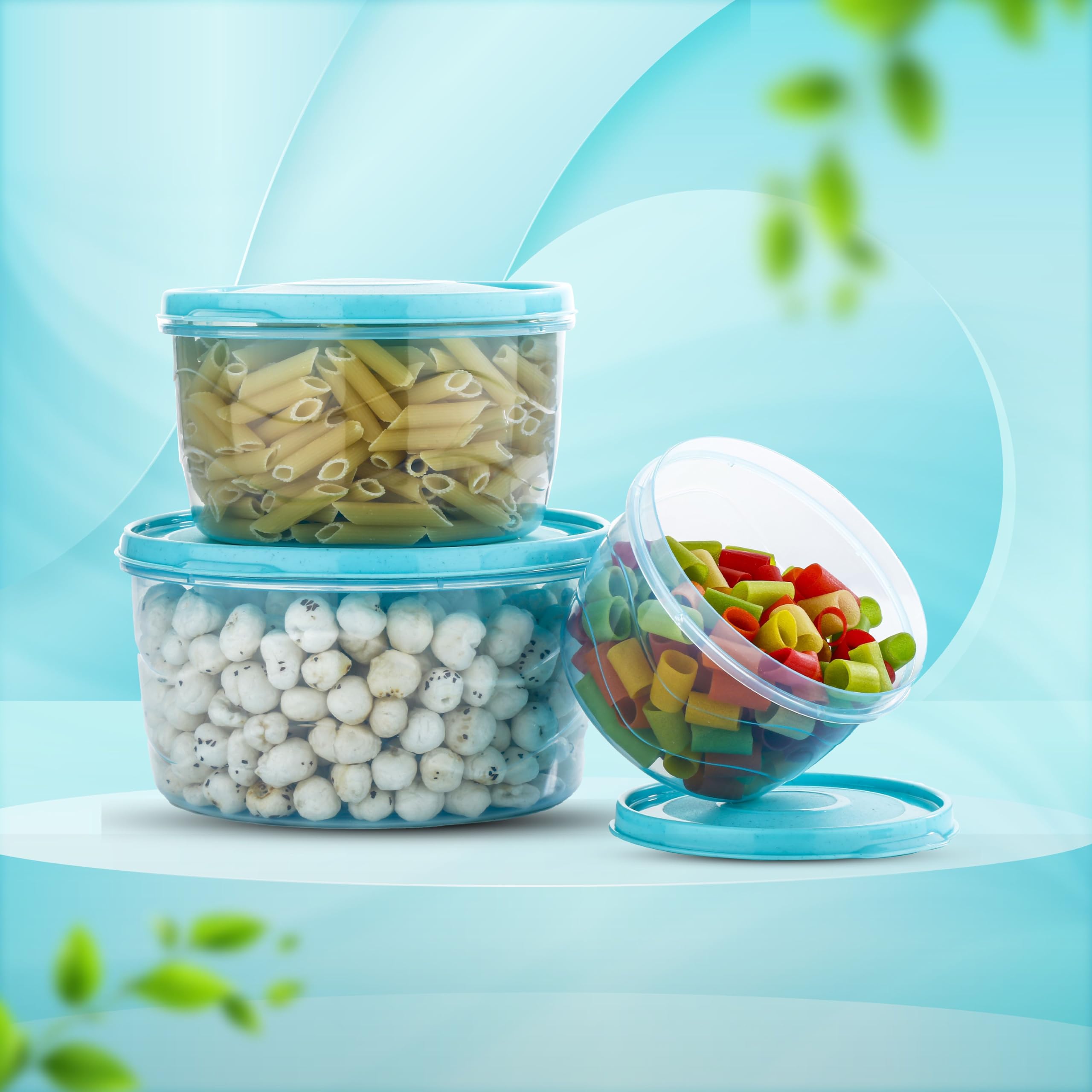 Anjil Airtight Plastic Storage Containers Set Of 3 With Lids, Blue, 6.5 X 6.5 X 9.6 Cm, Multipurpose Kitchen Pantry Organization