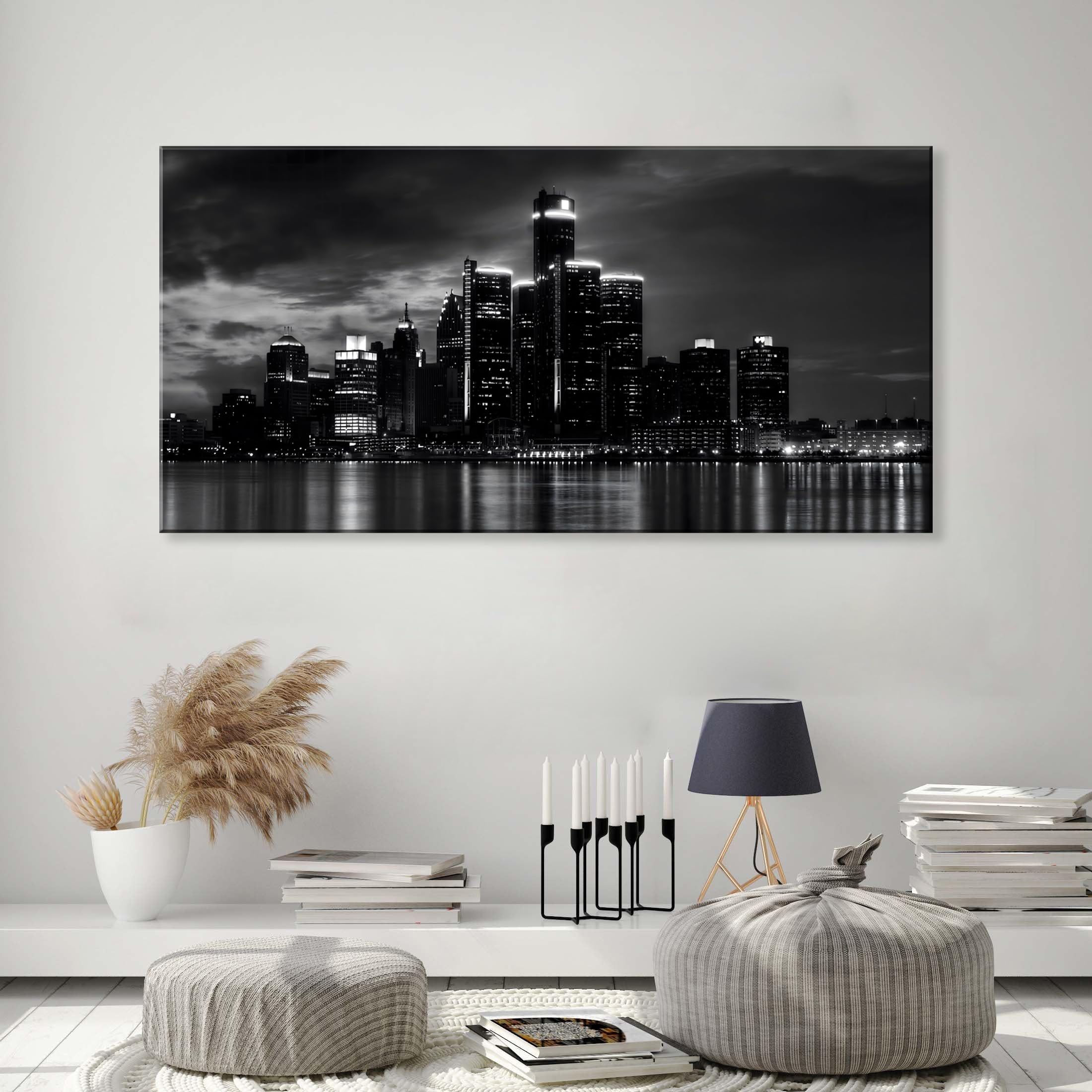 Nan Wind Detroit Skyline Canvas Wall Art Cityscape Night Scene Black & White City Art Print On Canvas Modern Giclee Framed Paint