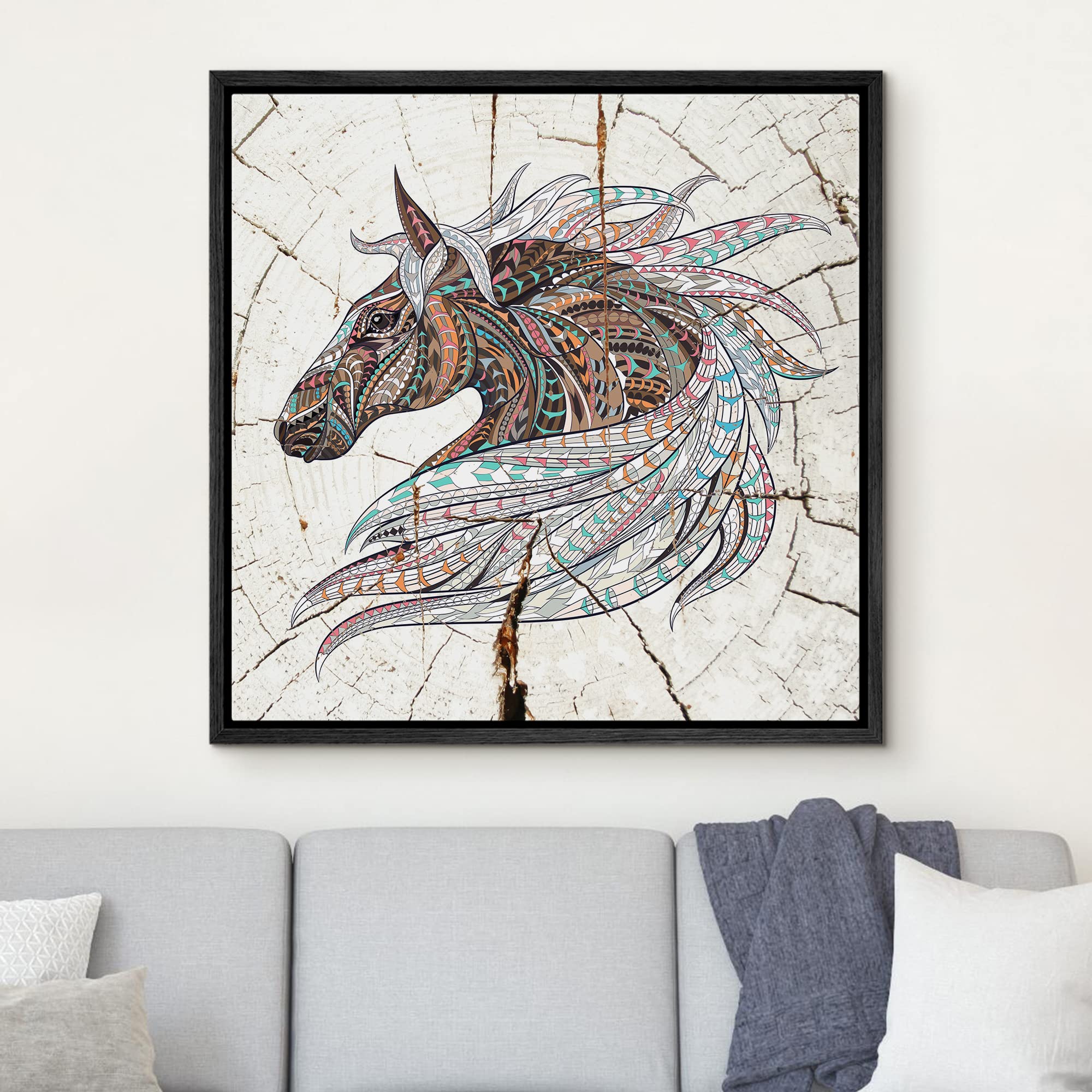 Wall26 Framed Canvas Print Wall Art Wood Ring Effect Tribal Pattern Horse Animals Wildlife Wood Modern Art Farmhouse/Country Exp